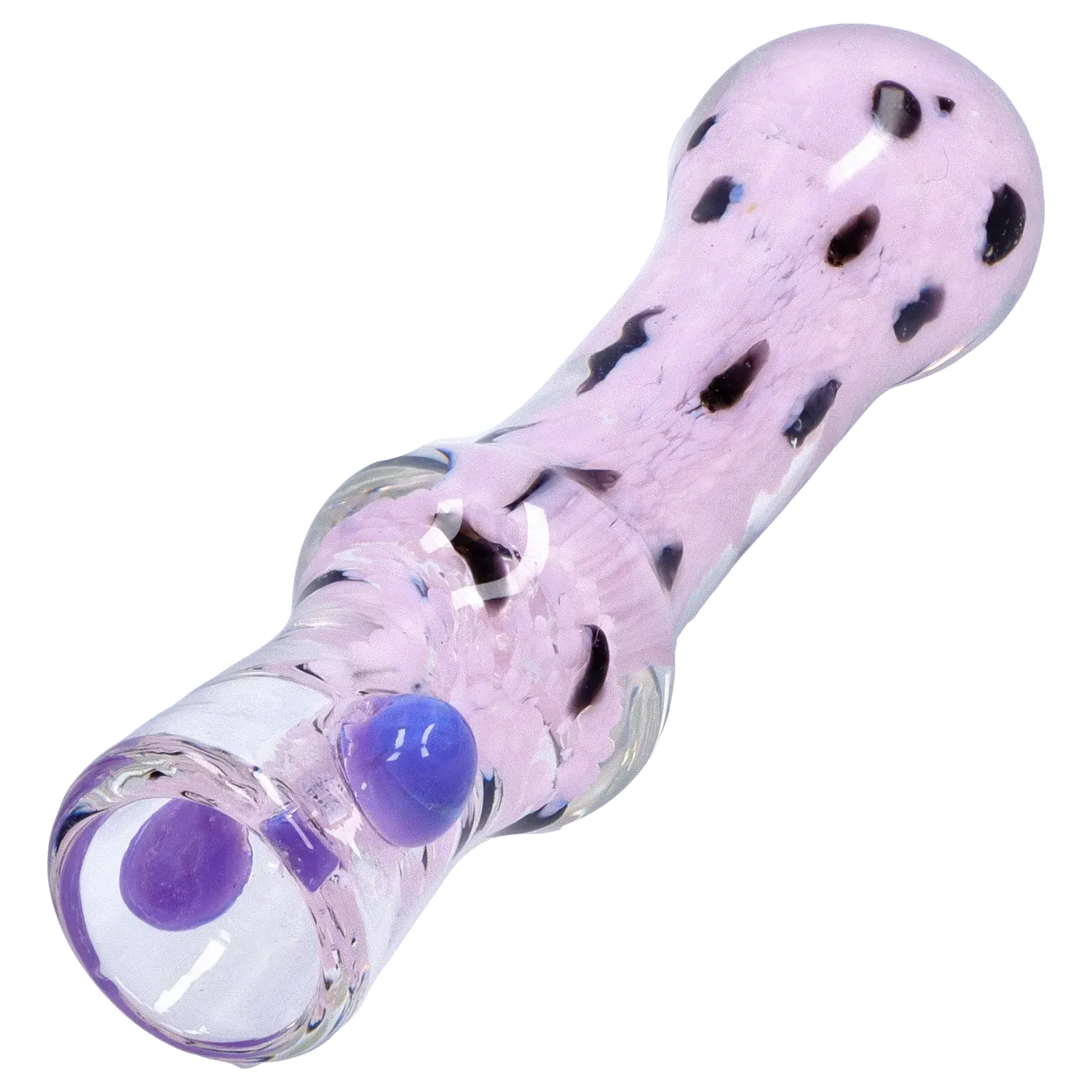 Angled close-up of the DHC Frit Cone One Hitter - 3 in. showing its pink glass body with dark flecked frit and raised purple glass accents.