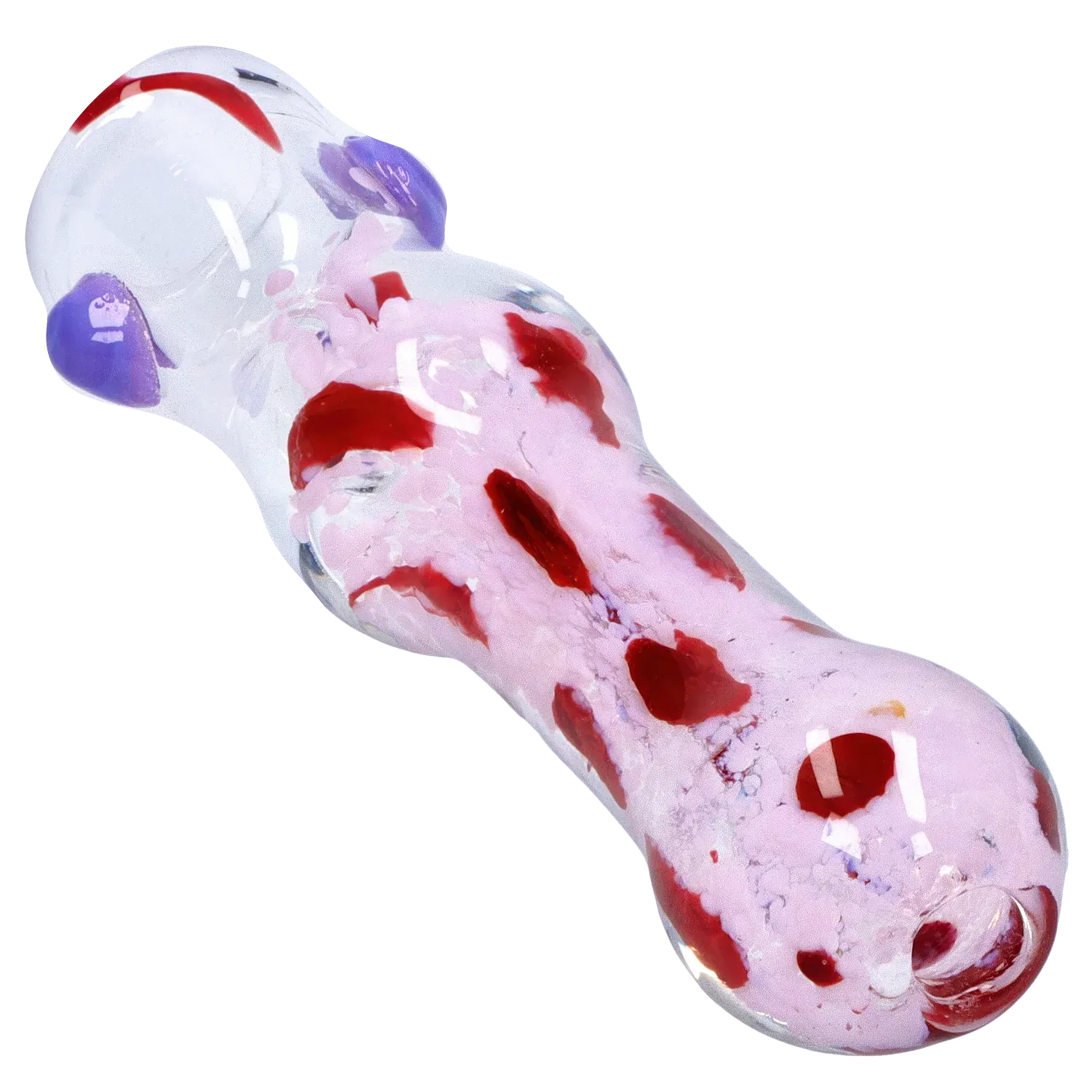 Angled close-up of the DHC Frit Cone One Hitter - 3 in. showing pink frit with red spots and purple accents in clear glass.