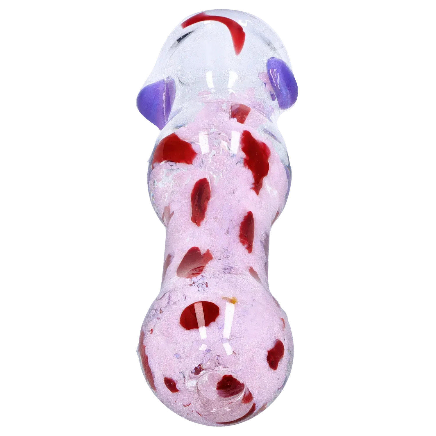 Top-down close-up of the DHC Frit Cone One Hitter - 3 in., showing its pink speckled glass body with red frit accents and purple glass knobs.