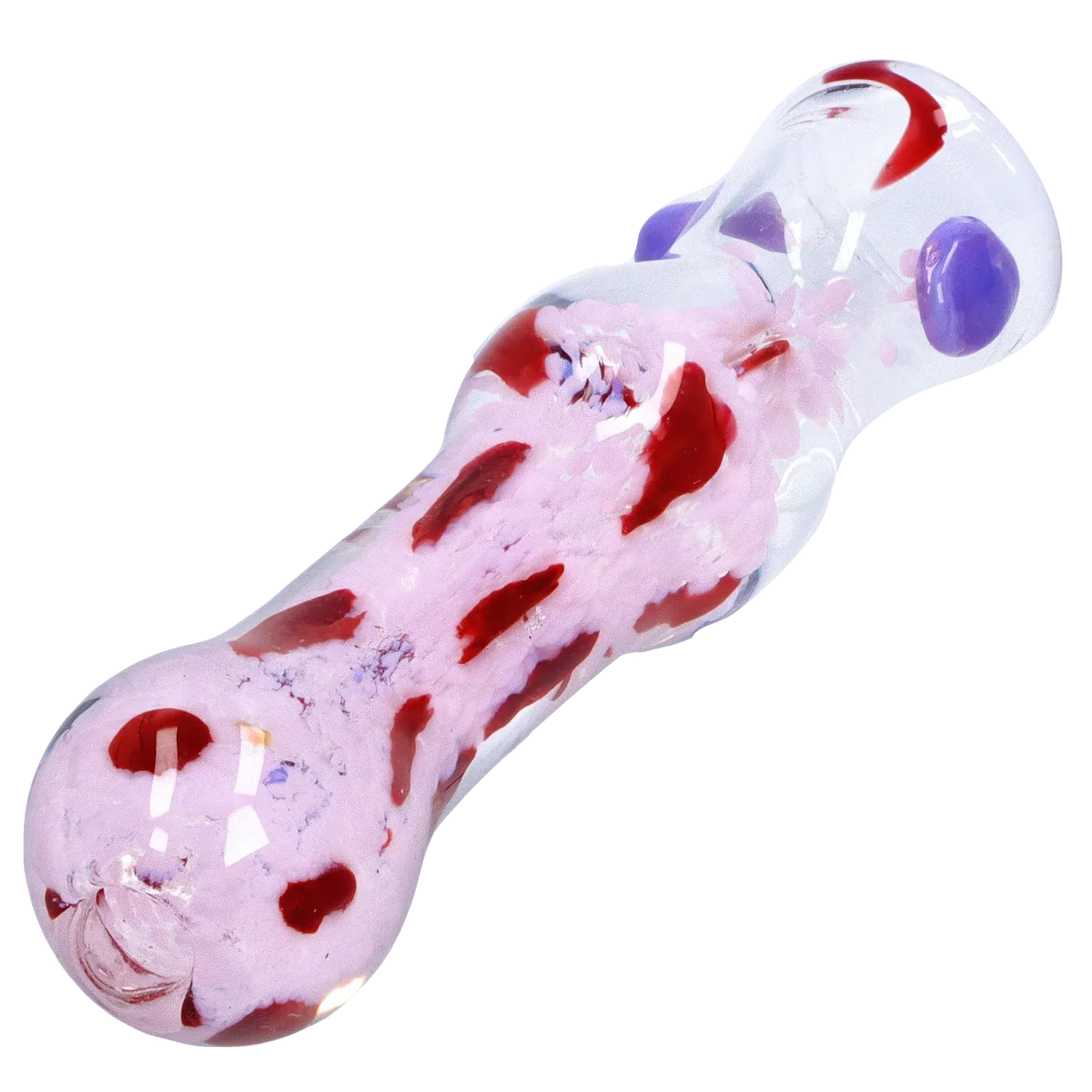 Angled close-up of the DHC Frit Cone One Hitter - 3 in. showing its pink glass body with red flecks and purple accent dots against a white background
