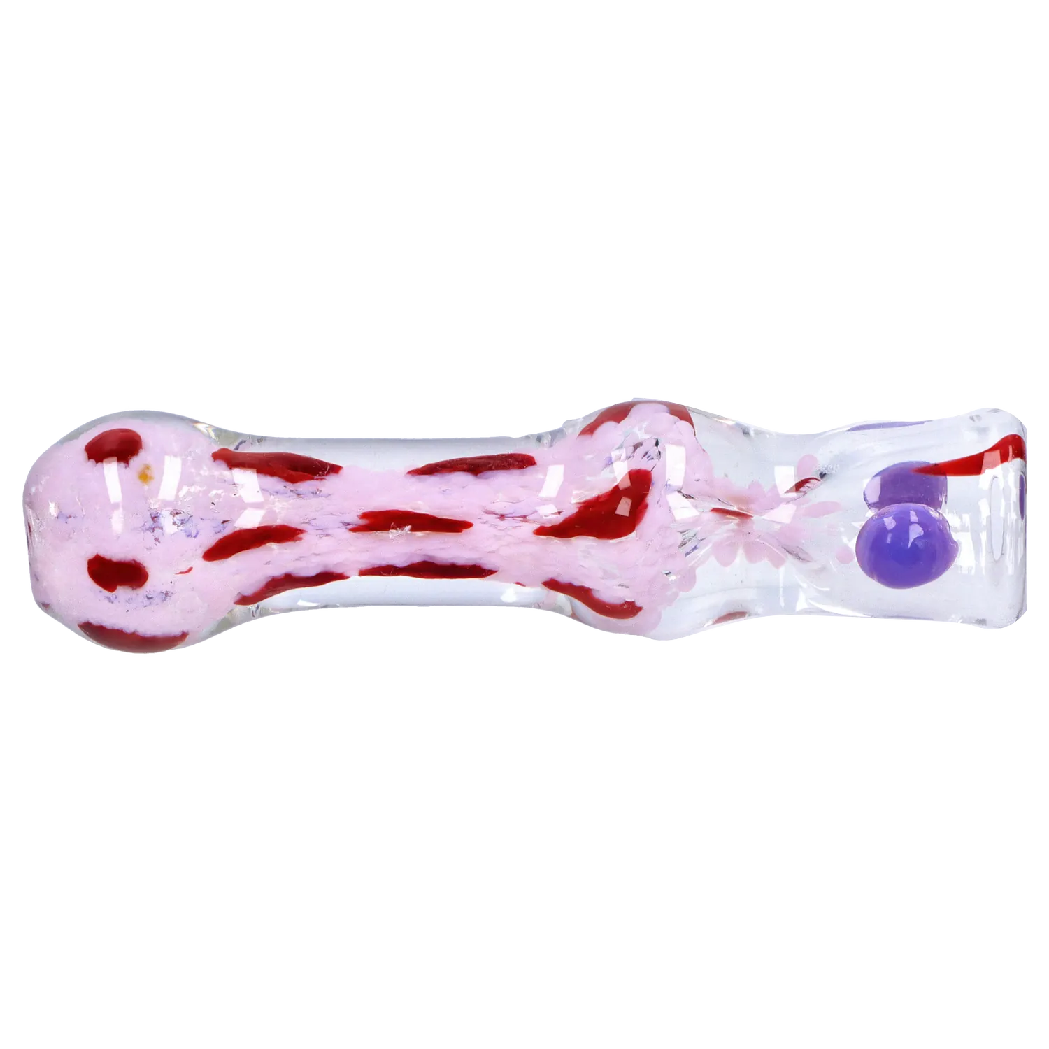 Side profile of the DHC Frit Cone One Hitter - 3 in., a clear glass one-hitter with pink frit and red streaks and purple dot accents.