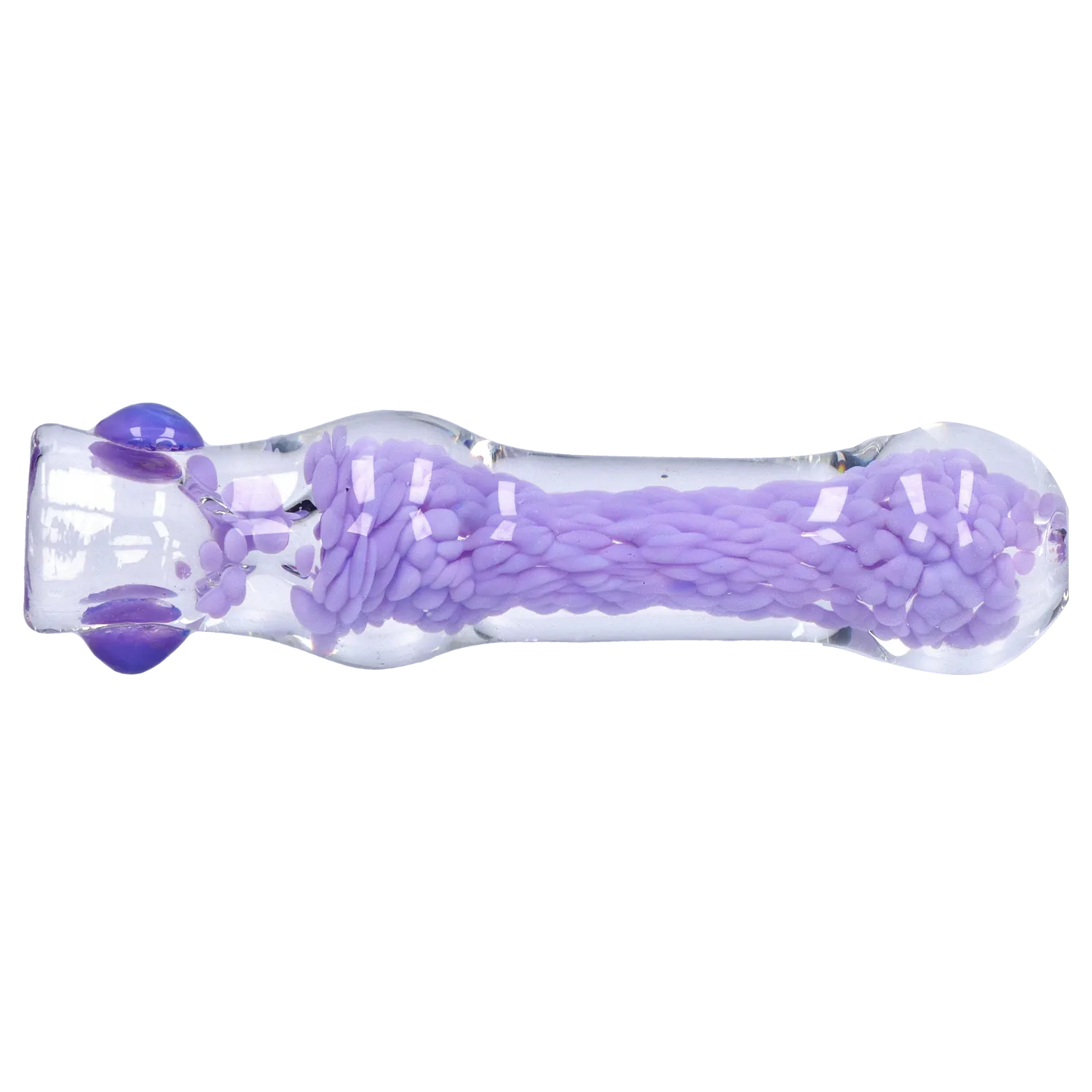 Side view of the clear DHC Frit Cone One Hitter - 3 in. showing a twisted lavender frit core and rounded ends.