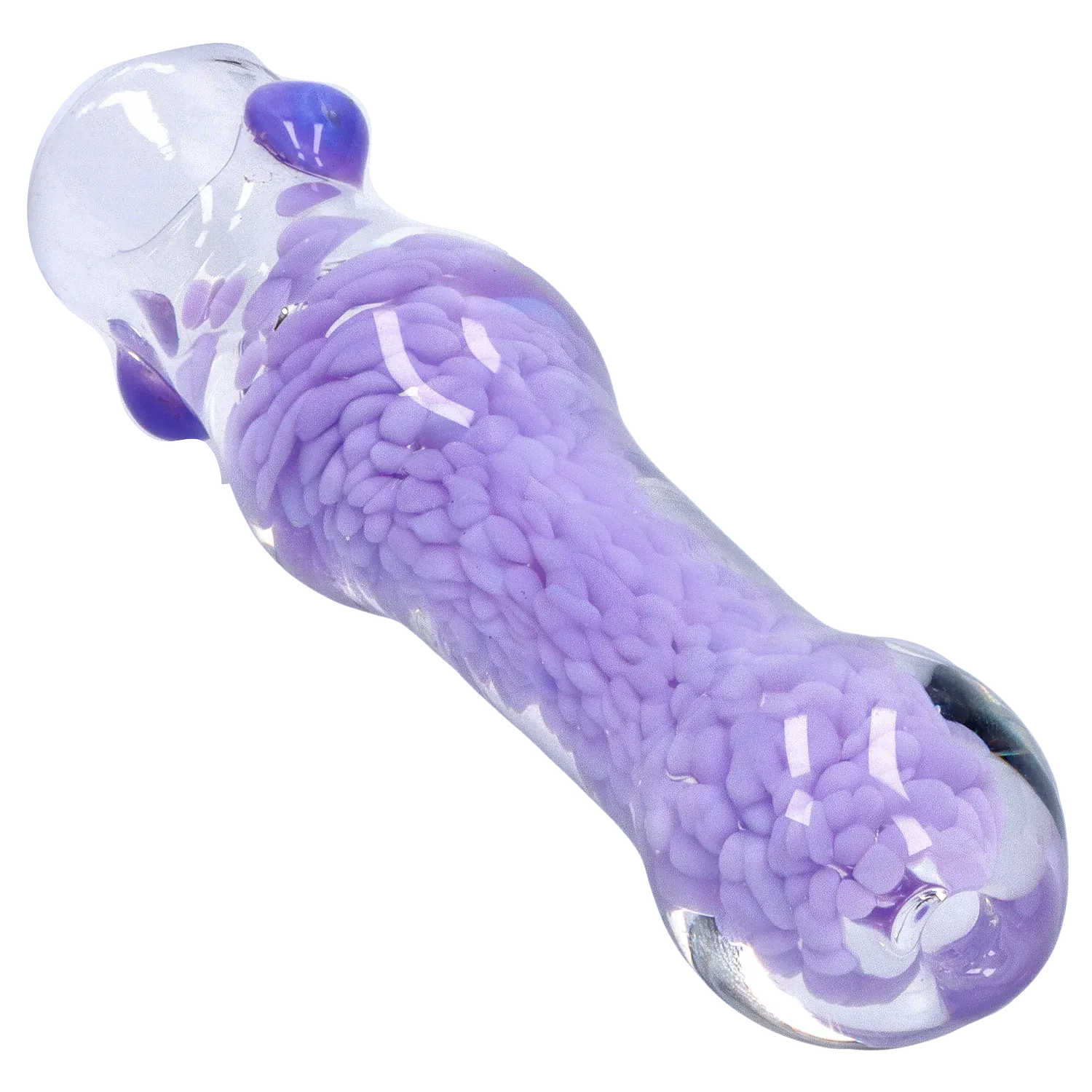 Angled close-up of the DHC Frit Cone One Hitter - 3 in. showing a clear glass tube packed with textured lavender frit and purple glass knobs.