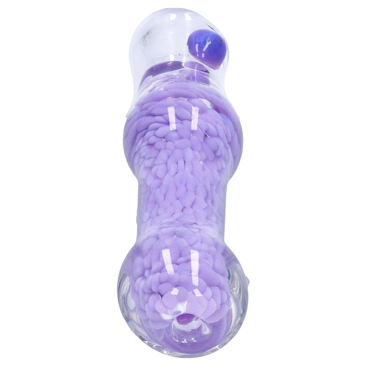 Top-down close-up of the clear glass DHC Frit Cone One Hitter - 3 in. showing a textured lavender frit spiral inside and a raised bubble on a white background