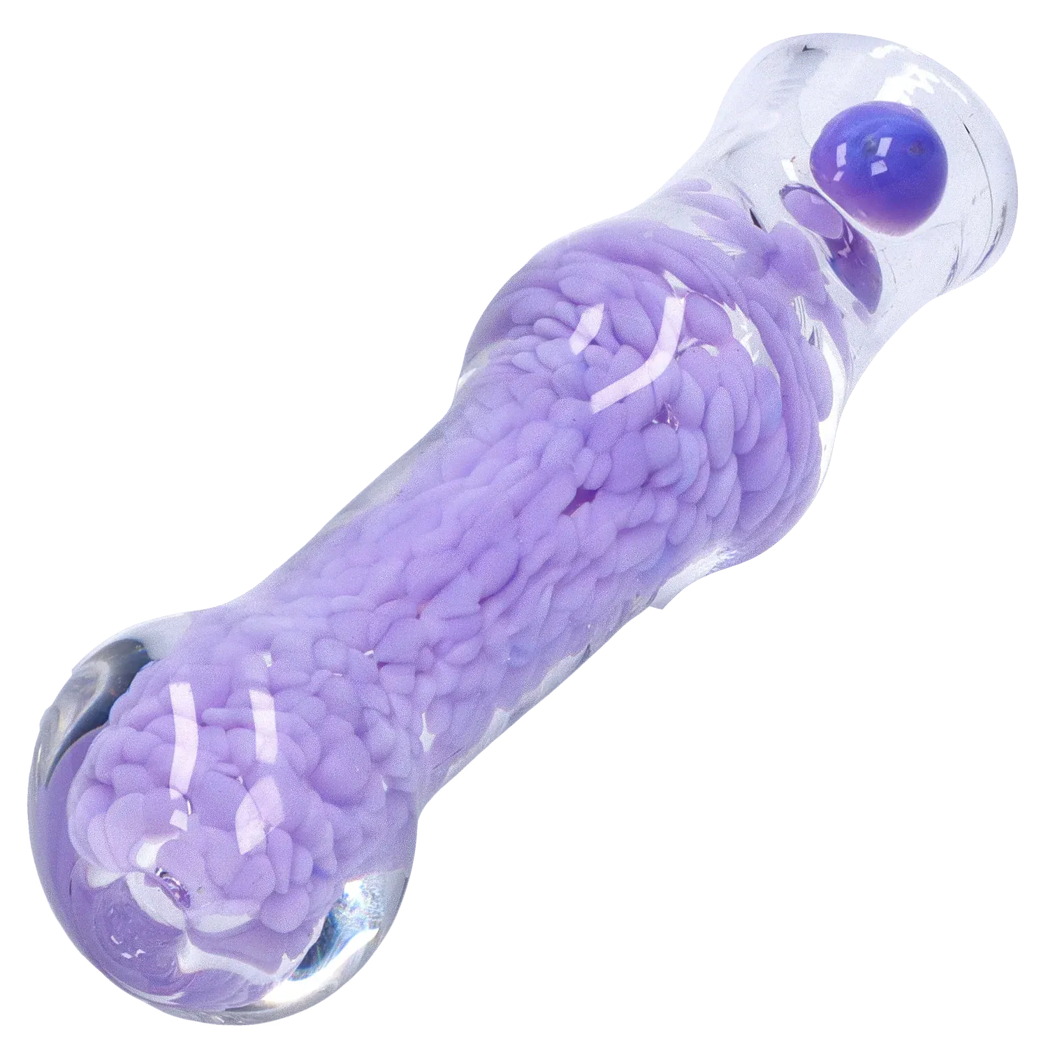 Angled close-up of the DHC Frit Cone One Hitter - 3 in. showing a clear glass body with a textured lavender frit core and a rounded purple glass accent.