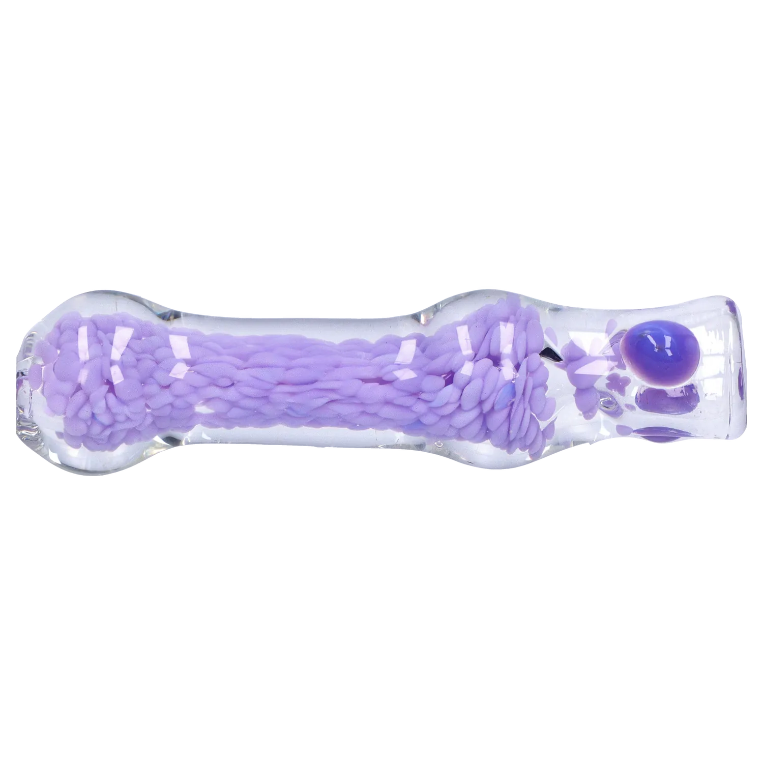 Side view of the DHC Frit Cone One Hitter - 3 in. showing a clear glass tube with a textured lavender frit core and rounded ends.