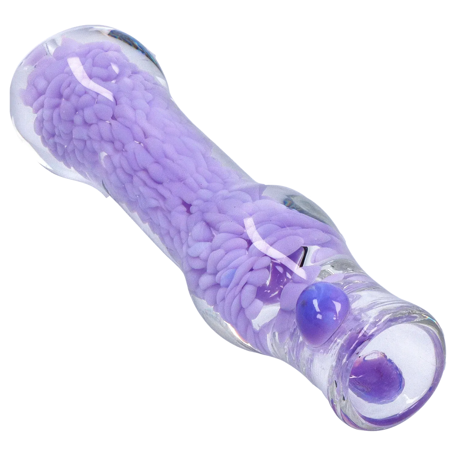 Angled close-up of the DHC Frit Cone One Hitter - 3 in. showing a clear glass body with a textured lavender frit core and glossy rounded ends.