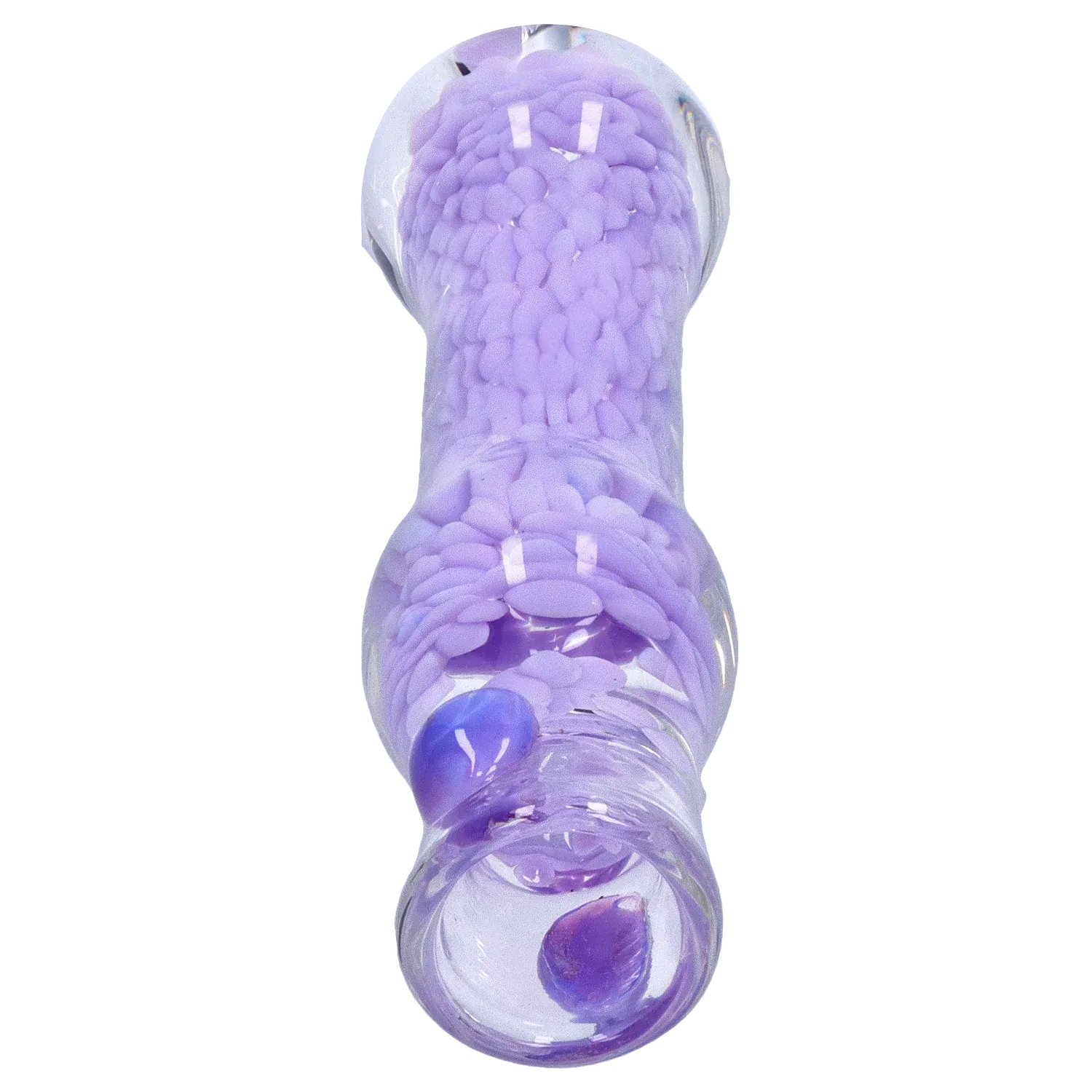 Top-down close-up of the DHC Frit Cone One Hitter - 3 in., showing its translucent glass body filled with clustered lavender frit and glossy reflections.