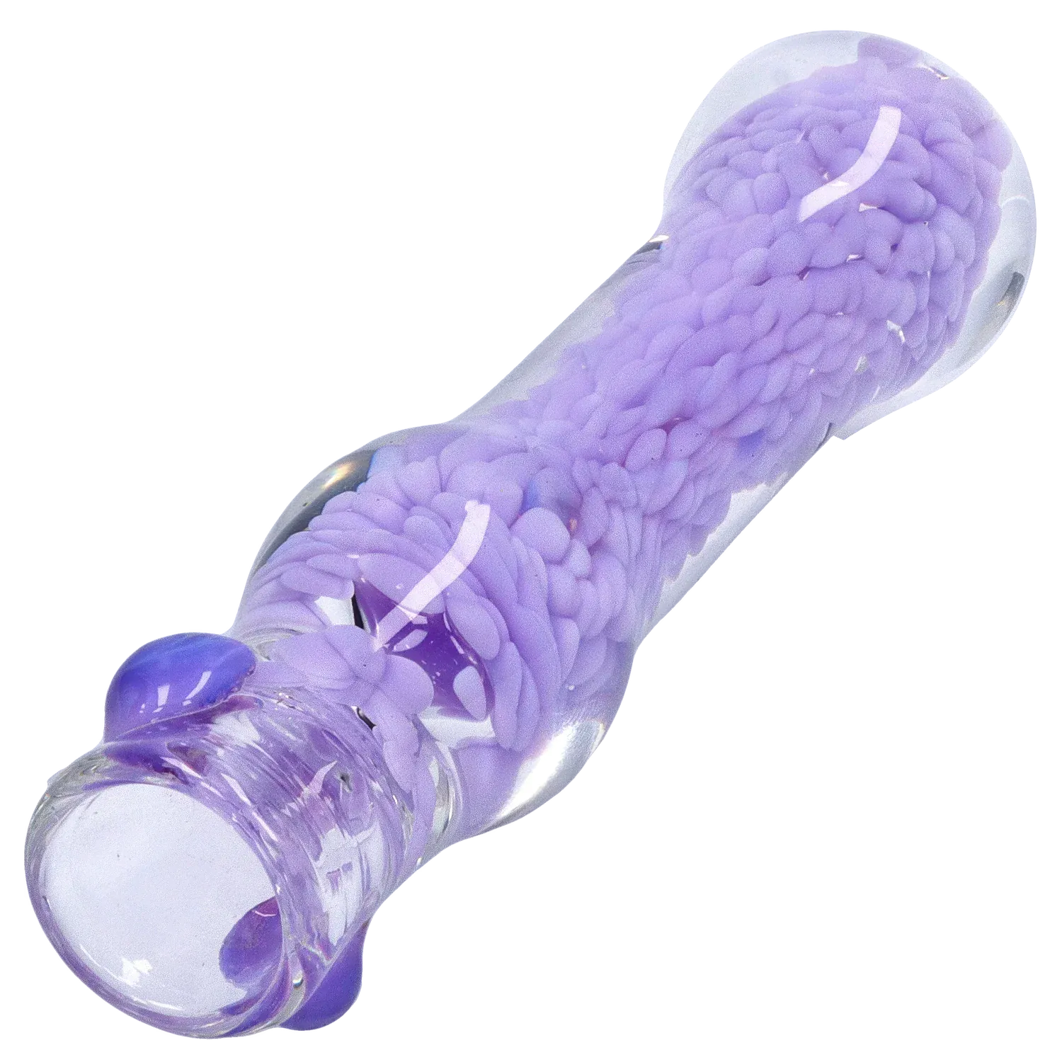 Close-up angled view of the clear glass DHC Frit Cone One Hitter - 3 in. showing a twisted, lavender frit pattern encased in the tube.