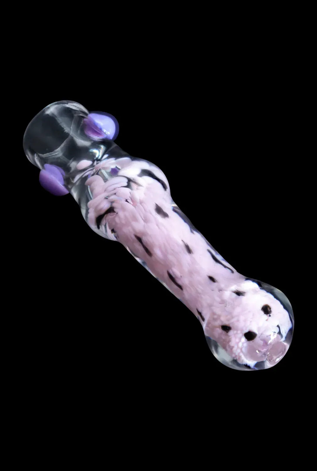 Angled close-up of the DHC Frit Cone One Hitter - 3 in. showing a pink frit core with black flecks and purple glass accents on black.