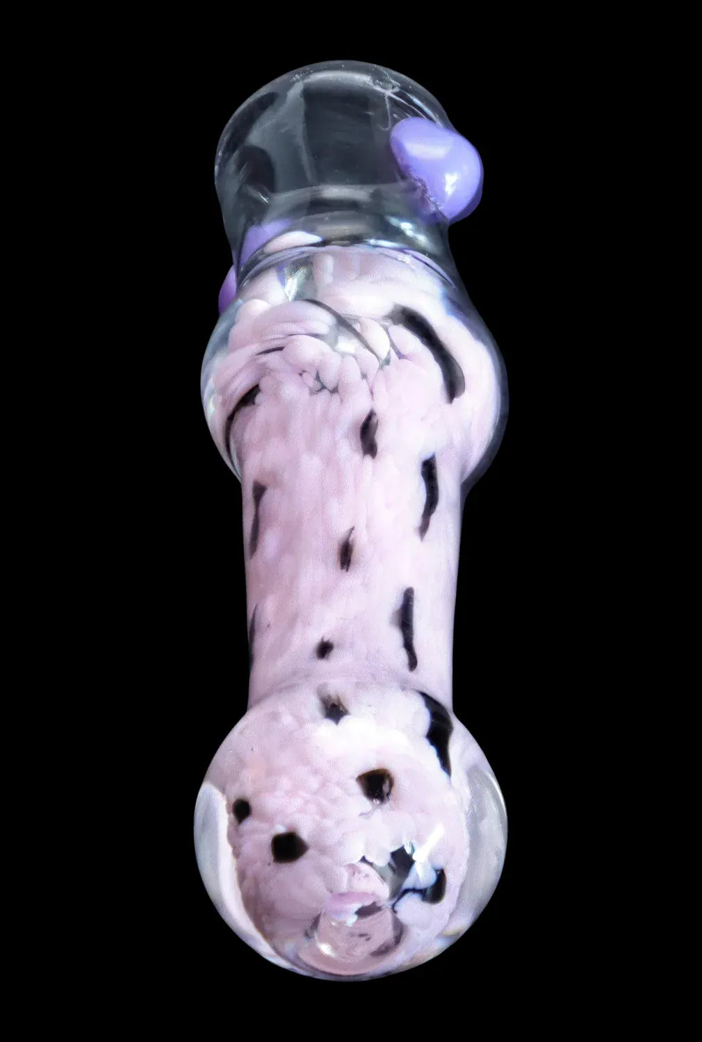 Top-down close-up of the DHC Frit Cone One Hitter - 3 in., showing a pink-and-black speckled glass tube with a clear rounded mouthpiece.