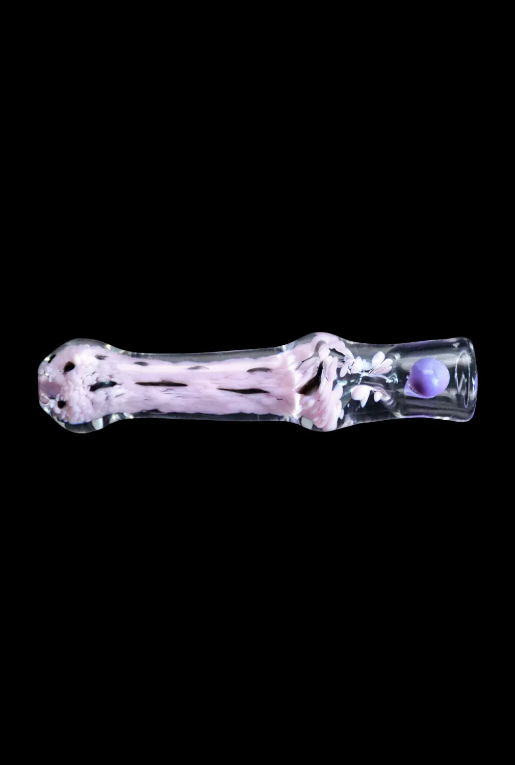Top-down view of the DHC Frit Cone One Hitter - 3 in. showing a pale pink frit core inside clear glass with a purple marble accent on a black background