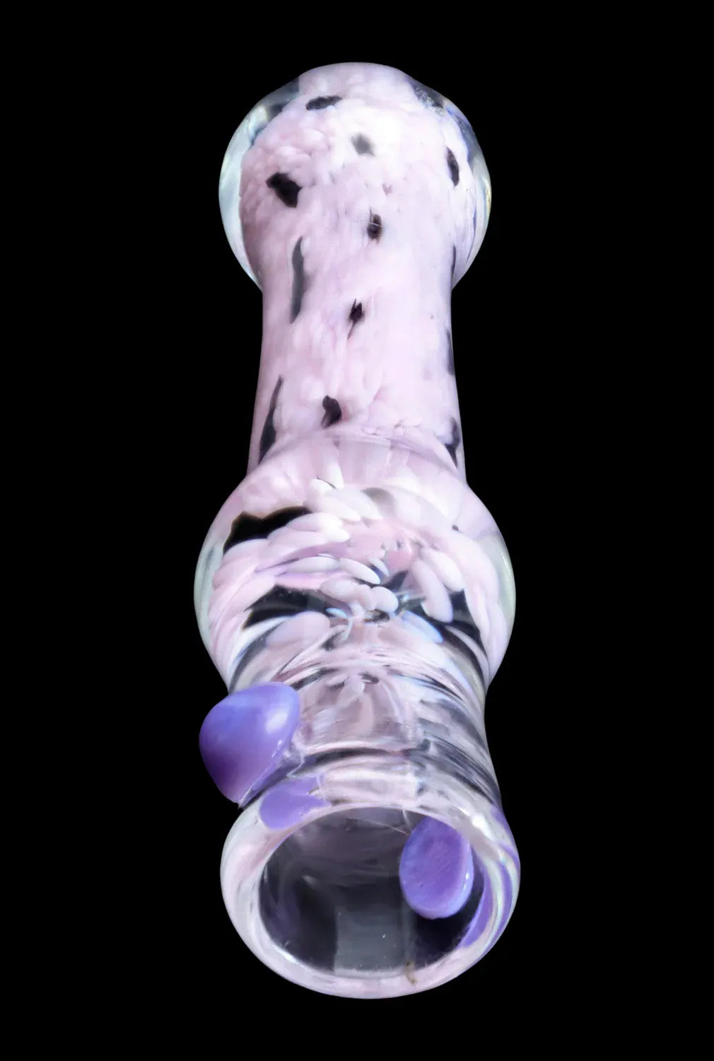 Top-down view of the DHC Frit Cone One Hitter - 3 in., showing a pink-speckled glass tube with purple glass knobs on a black background