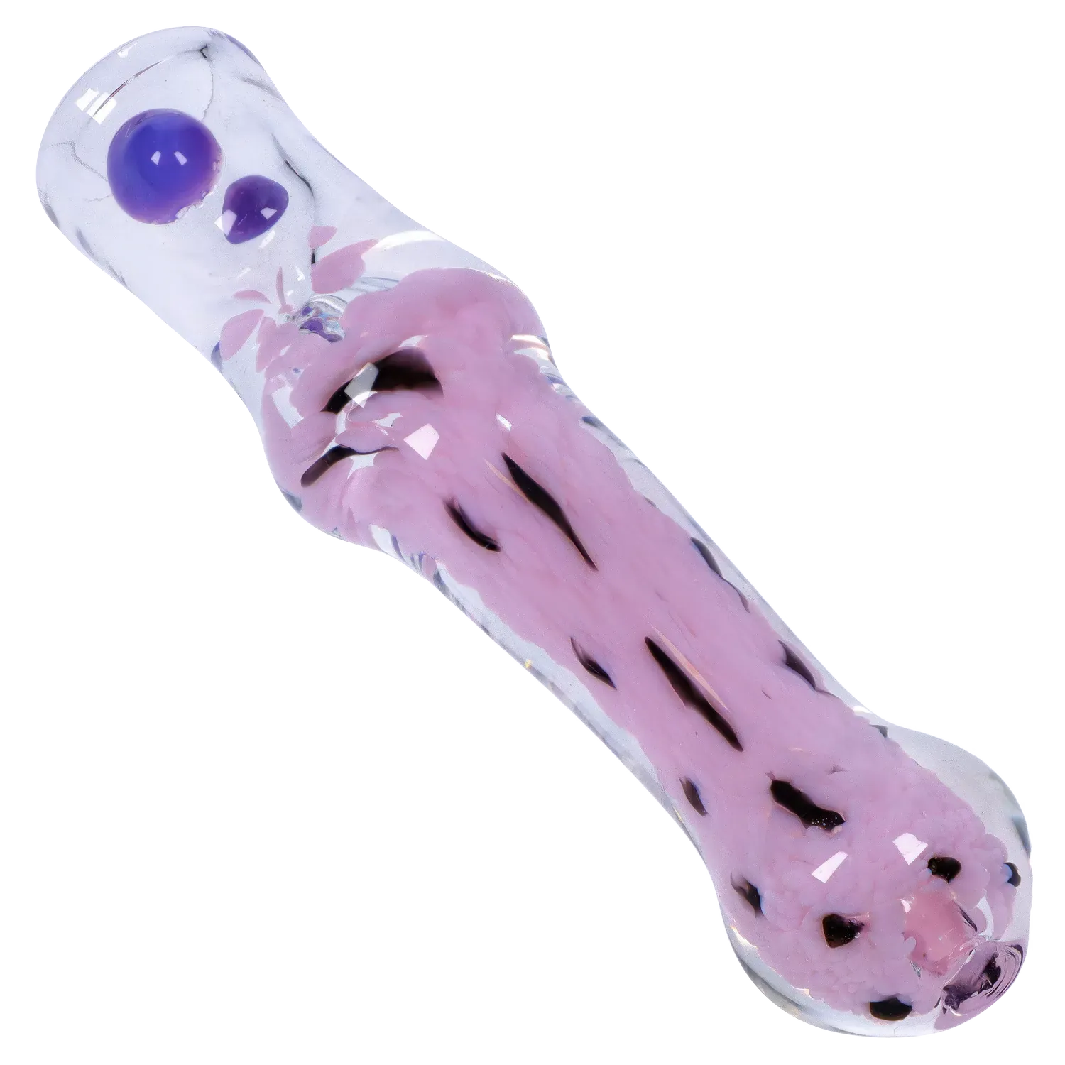 Angled close-up of a translucent DHC Frit Cone One Hitter - 3 in. showing pink frit streaks and two purple glass dots.