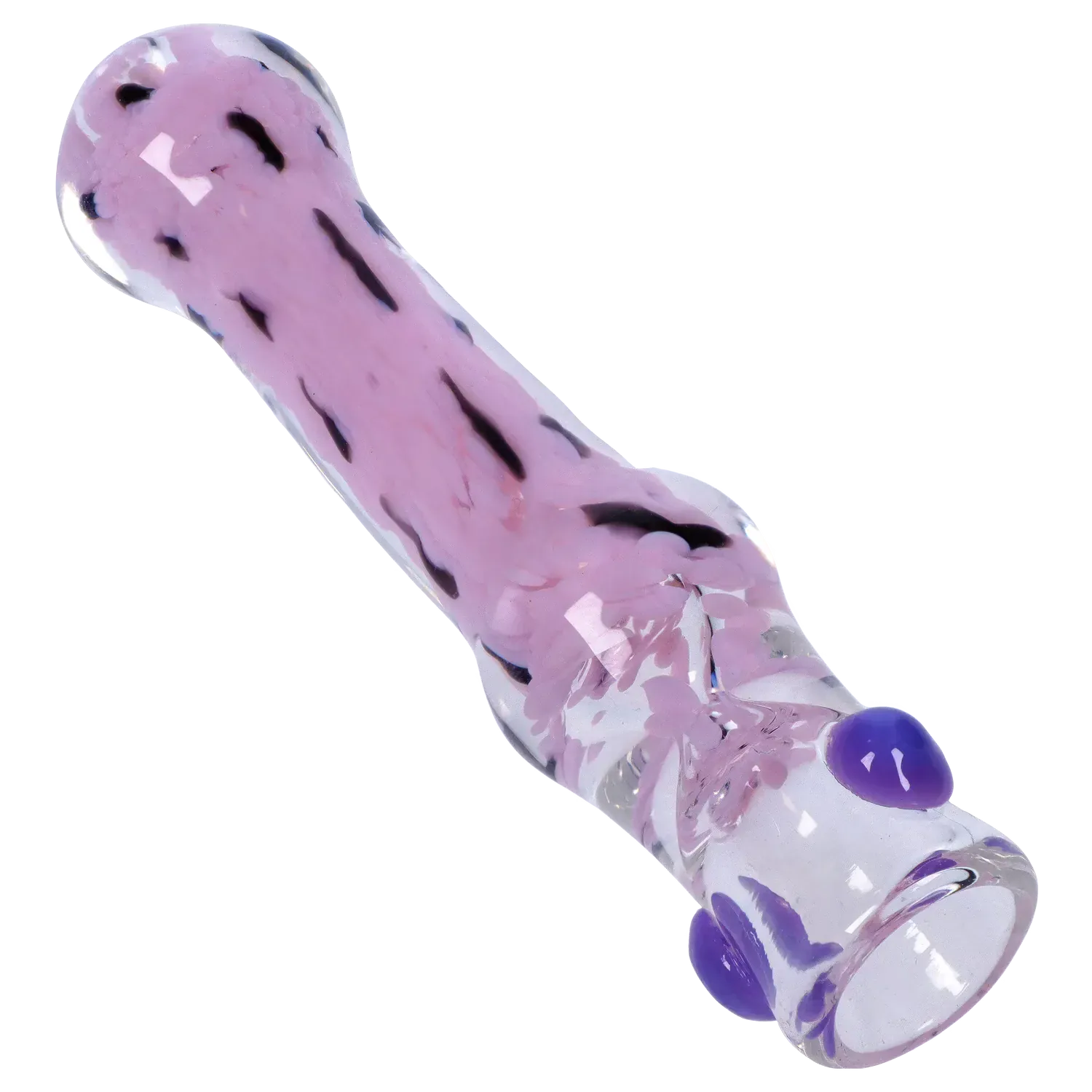 Angled close-up of the DHC Frit Cone One Hitter - 3 in. showing a milky purple frit pattern inside clear glass with raised purple dots.