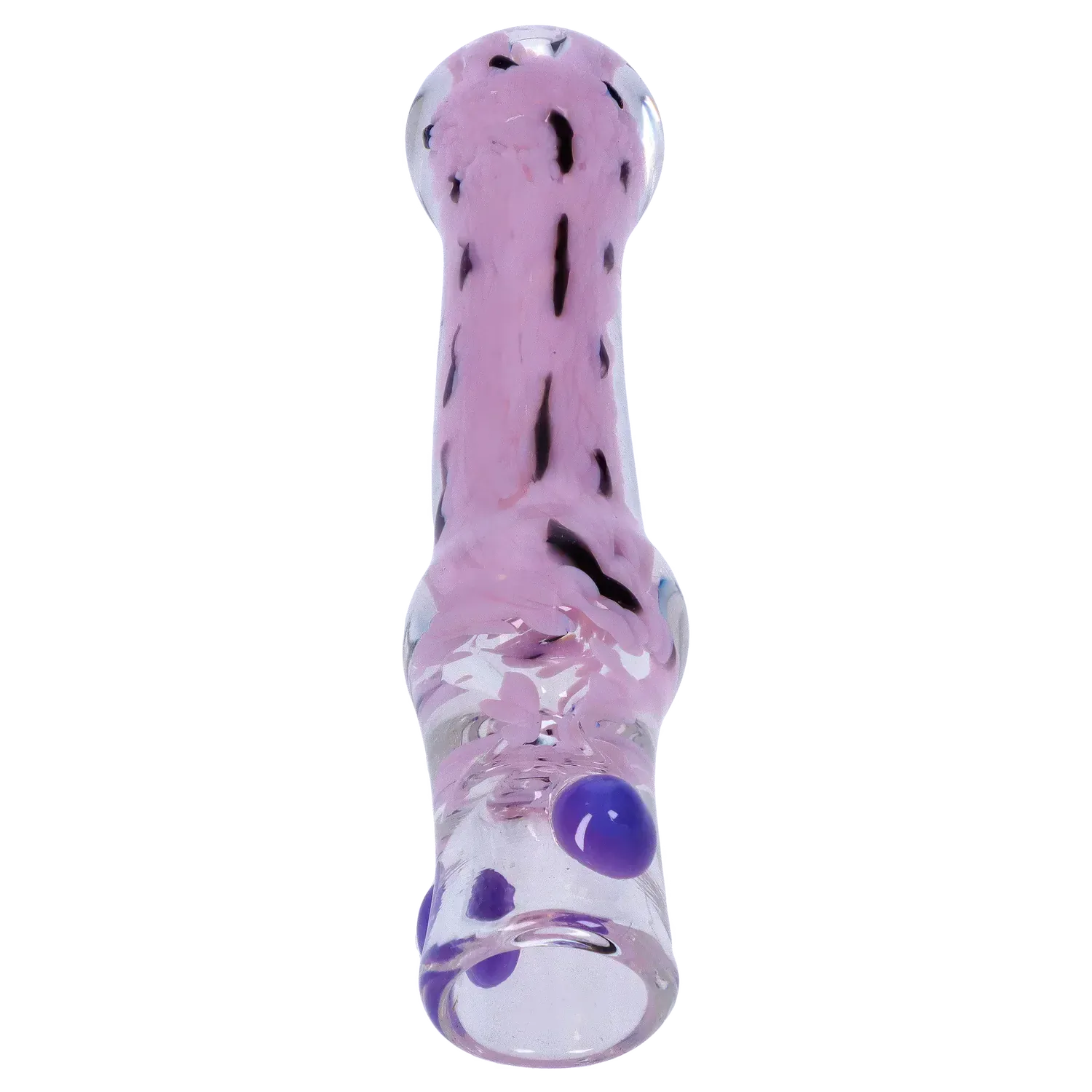 Top-down view of the DHC Frit Cone One Hitter - 3 in. showing a milky purple frit pattern with scattered dark flecks and raised purple dots on clear glass.