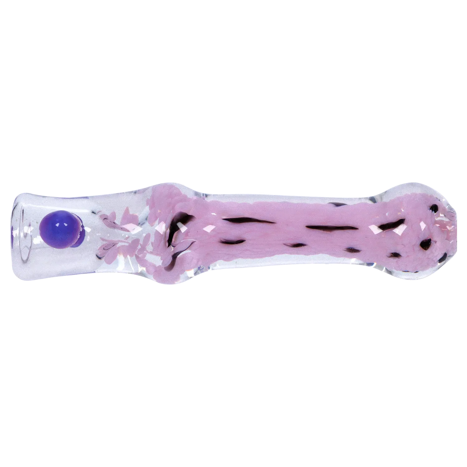 Side view of a clear glass DHC Frit Cone One Hitter - 3 in. showing an internal twisted pink frit pattern with a small purple dot near the mouthpiece