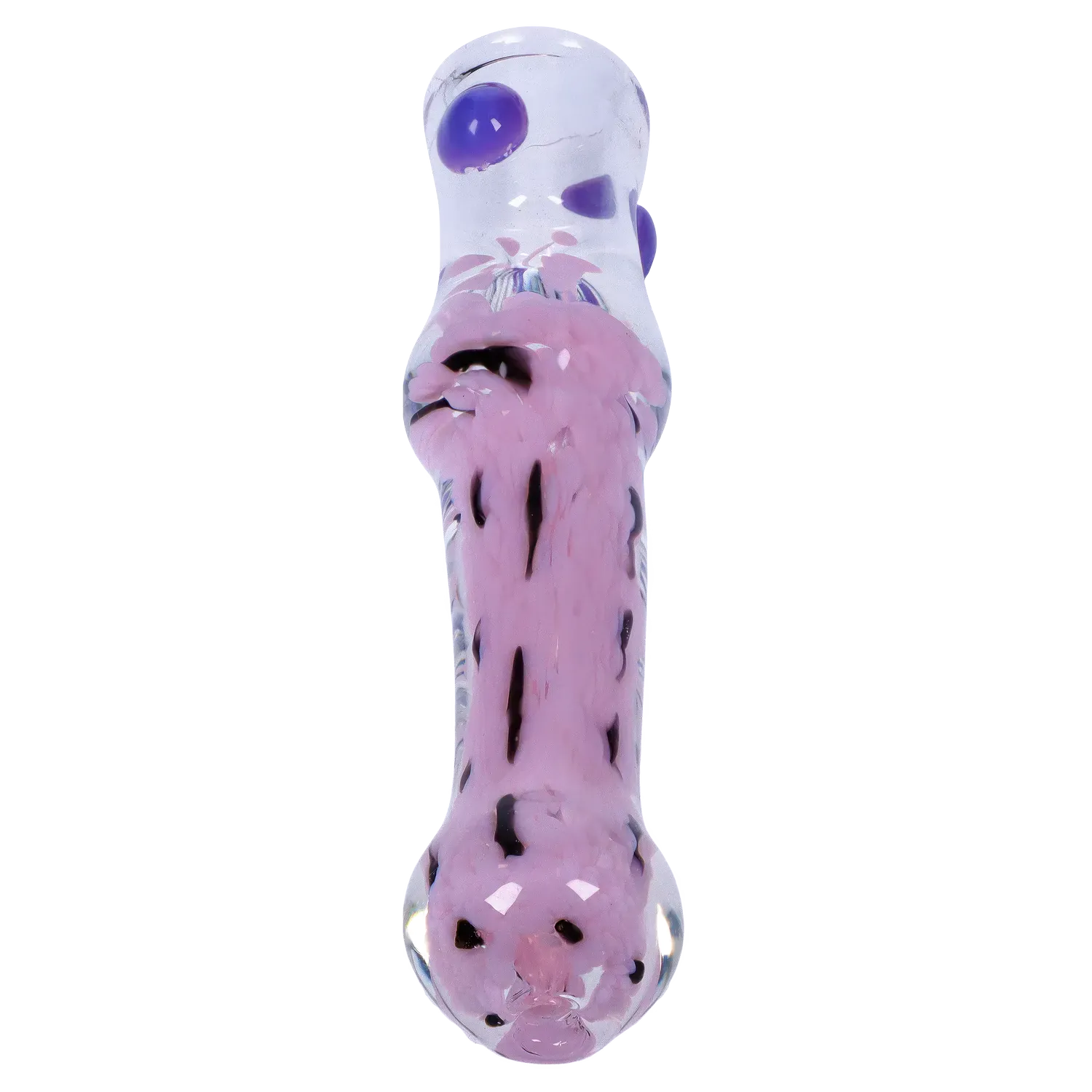 Close-up top-down view of a clear glass DHC Frit Cone One Hitter - 3 in. with swirled pink frit and raised purple glass dots against a white background