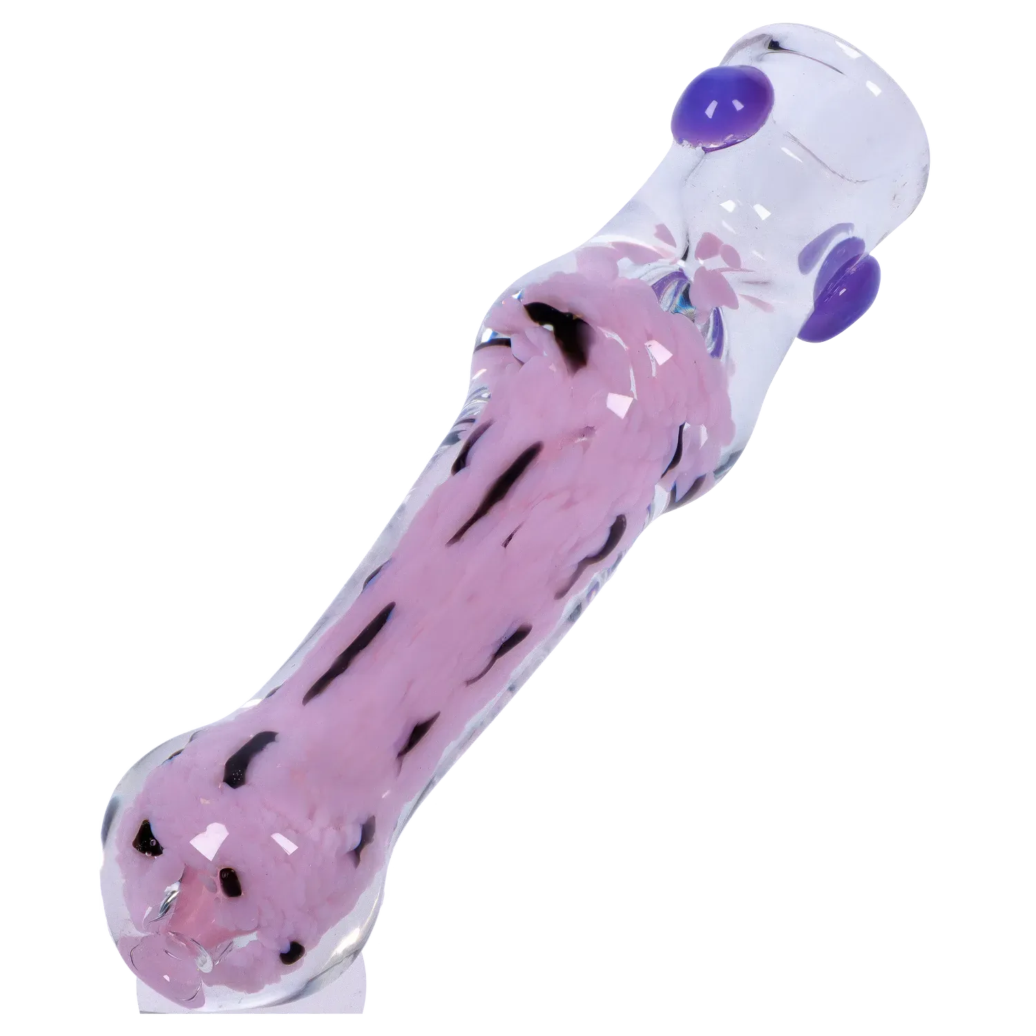 Angled close-up of the DHC Frit Cone One Hitter - 3 in., showing a clear glass body with internal pink frit pattern and raised purple glass dots.