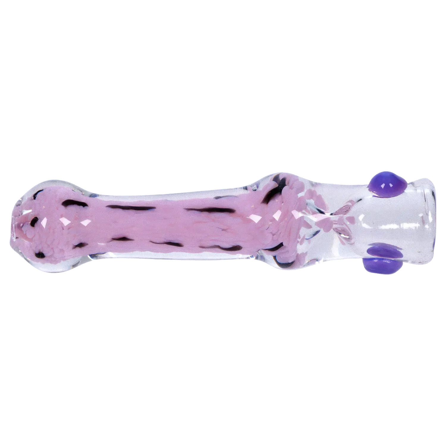 Top-down view of the DHC Frit Cone One Hitter - 3 in. showing a clear glass tube with a pink frit core and two small purple glass dots near the mouthpiece