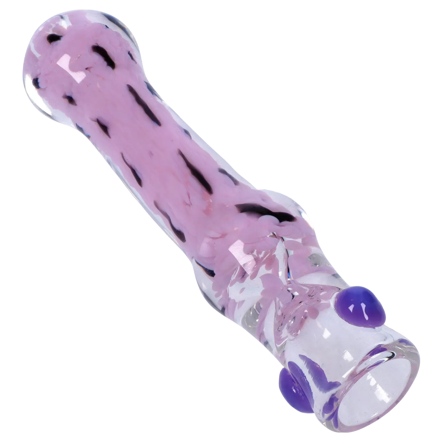 Angled close-up of a pink-speckled glass tube showing the rounded bowl and purple glass dots on the DHC Frit Cone One Hitter - 3 in.