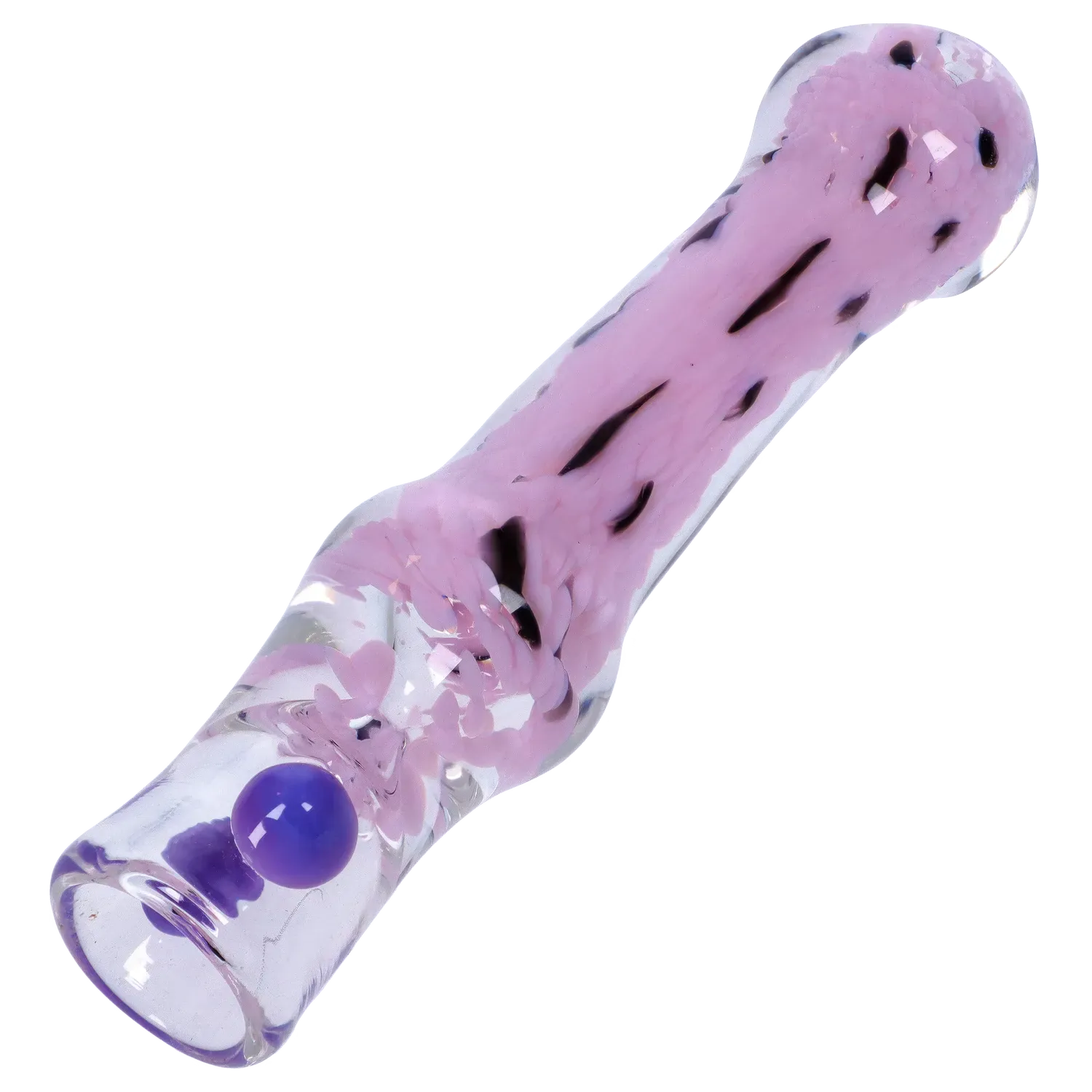 Angled close-up of the DHC Frit Cone One Hitter - 3 in. showing a clear glass tube with pink frit swirls and a purple glass dot accent.