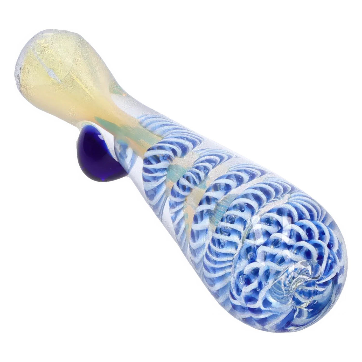 Angled close-up of the DHC Piped and Fumed One Hitter - 3 in., showing a clear glass body with blue spiral fumed patterns and a small purple glass rest.