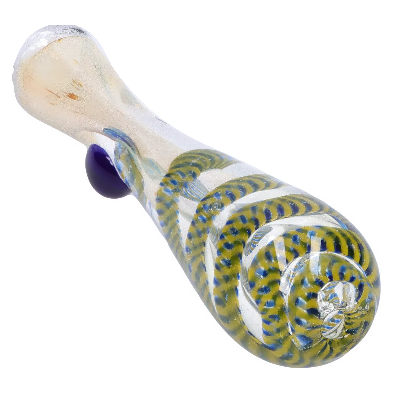 Angled close-up of the DHC Piped and Fumed One Hitter - 3 in. showing its clear glass body with blue-and-yellow spiral cane work and a purple glass thumb rest