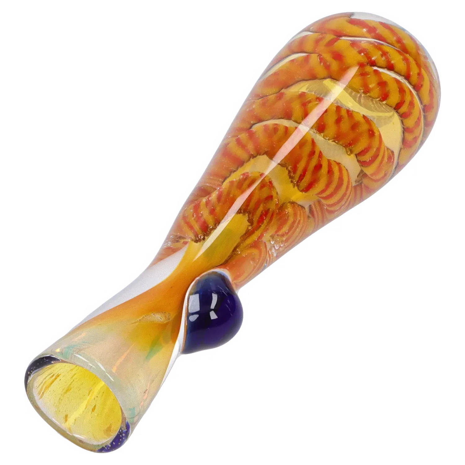 Angled close-up of the DHC Piped and Fumed One Hitter - 3 in. showing its twisted orange-and-red fumed pattern and a glossy blue glass accent.