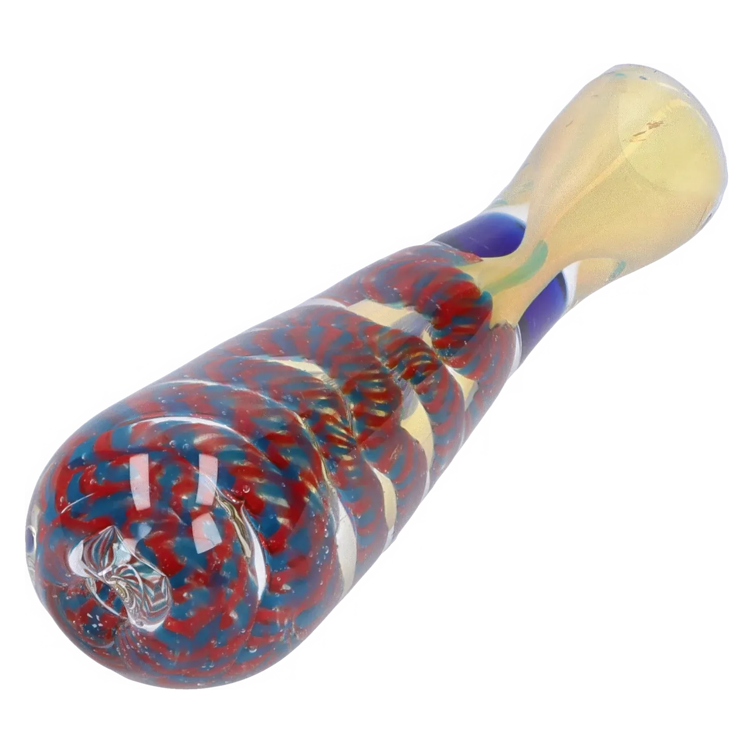 Angled close-up of the DHC Piped and Fumed One Hitter - 3 in., showing a rounded mouth end and twisted red-and-blue fumed pattern along the glass body.