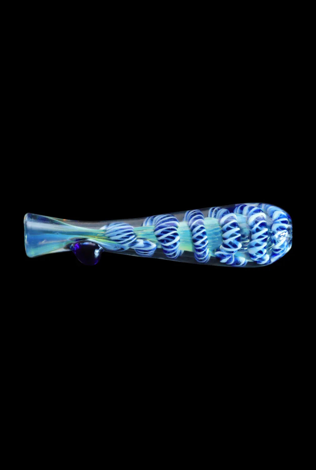 Side-on view of the DHC Piped and Fumed One Hitter - 3 in. showing blue spiral fumed glass coils inside a clear tapered tube against a black background