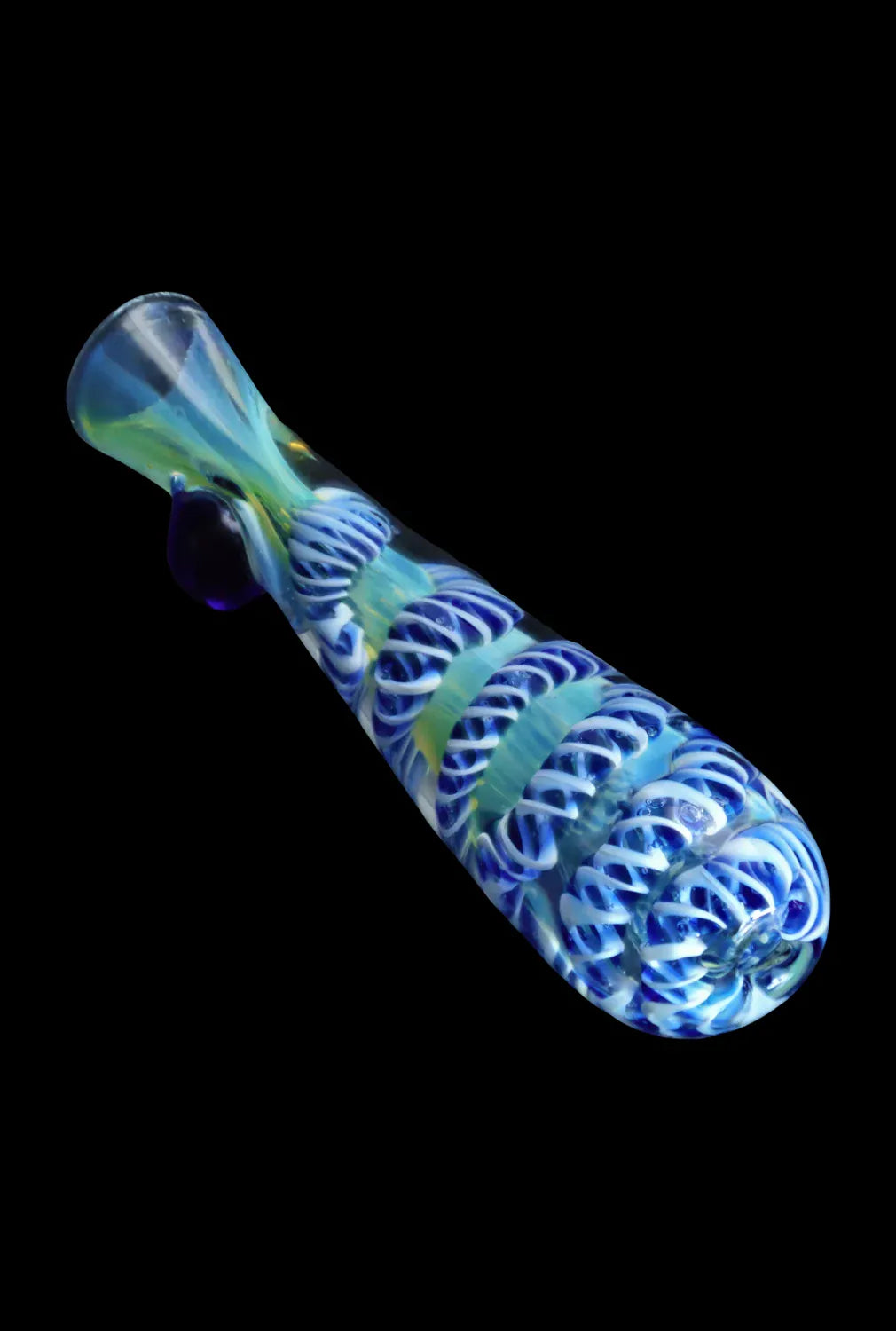 Angled close-up of the DHC Piped and Fumed One Hitter - 3 in., showing its blue spiraled glass pattern and rounded mouthpiece against a black background