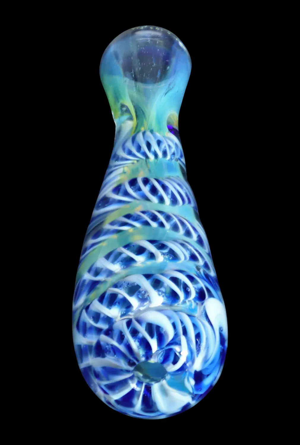 Top-down close-up of the DHC Piped and Fumed One Hitter - 3 in. showing blue and white spiral glasswork against a black background