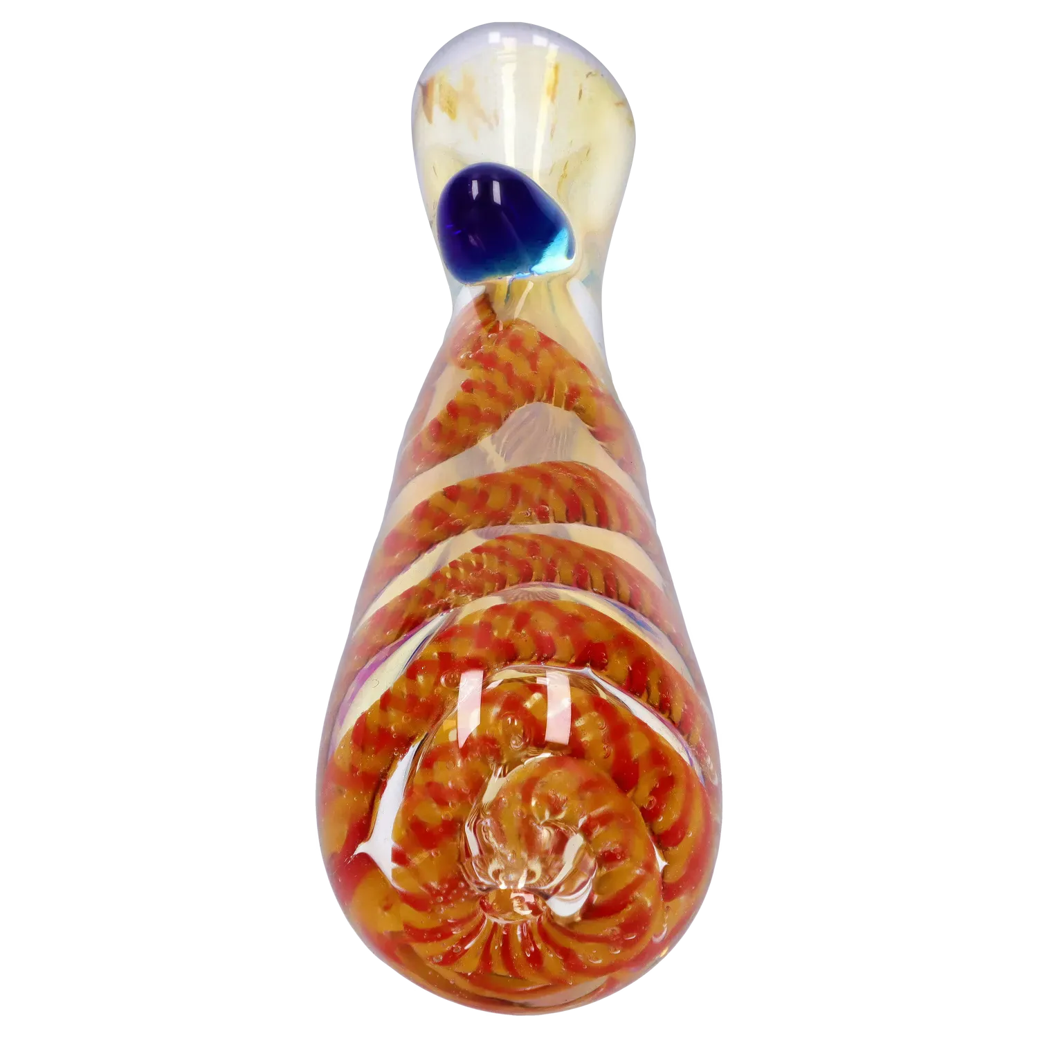 Top-down view of the DHC Piped and Fumed One Hitter - 3 in. showing a spiraled orange-and-red patterned glass body and a small iridescent blue carb on a white background