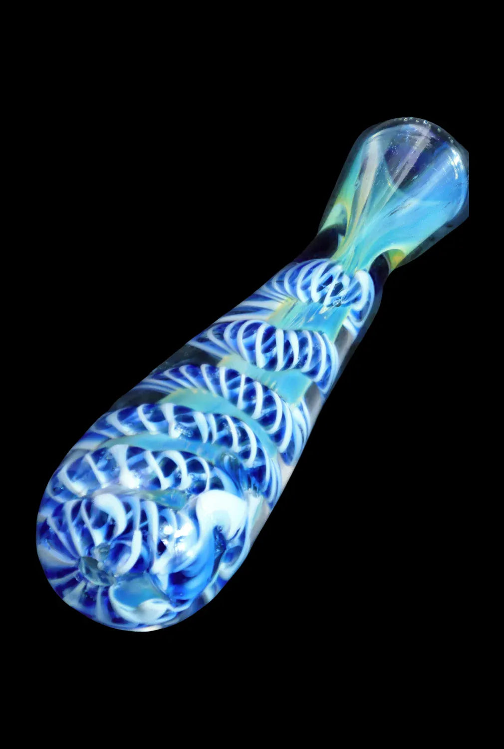 Angled close-up of a blue-and-white swirled glass spoon pipe, the DHC Piped and Fumed One Hitter - 3 in., shown against a black background.
