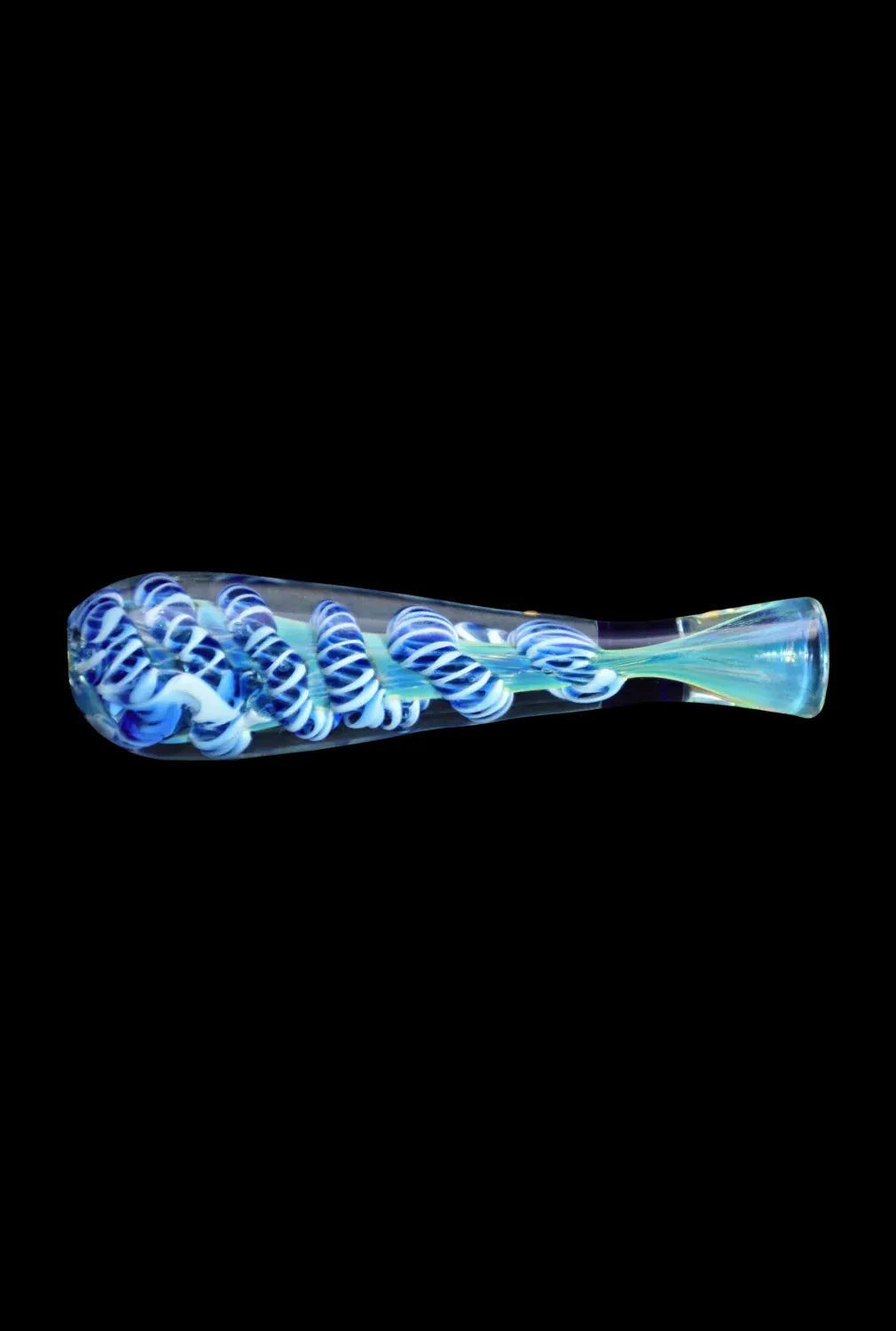 Side profile of the DHC Piped and Fumed One Hitter - 3 in. showing a clear glass tube with blue spiraled inner rakes on a black background