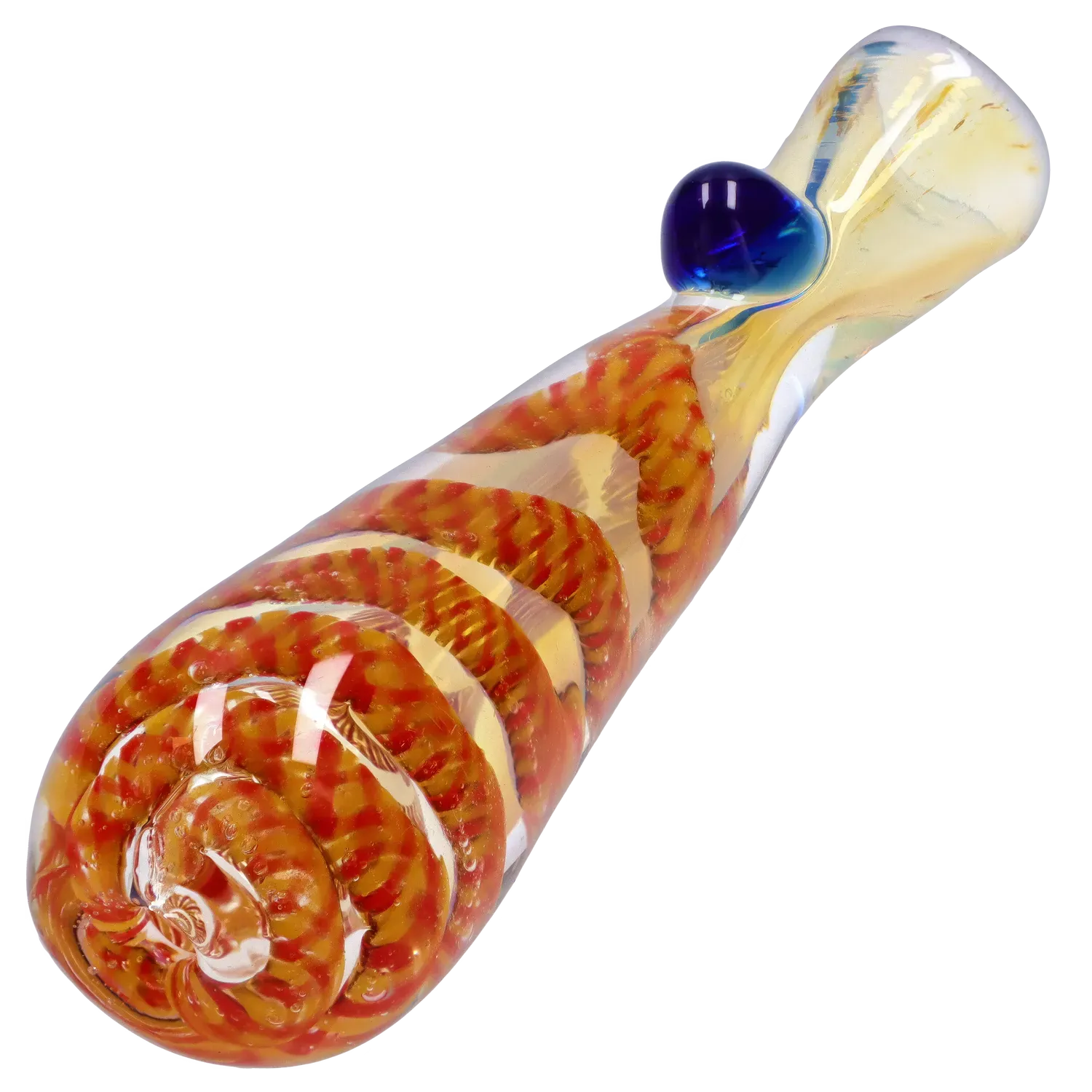 Angled close-up of the DHC Piped and Fumed One Hitter - 3 in. showing a spiraled orange-red interior twist and a glossy blue glass carb nub.
