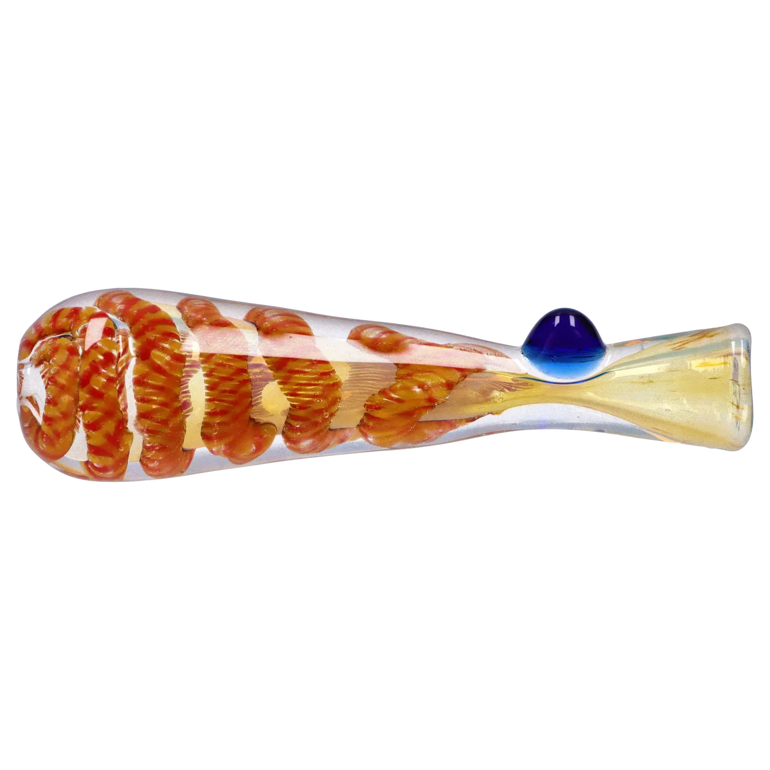 Side view of the DHC Piped and Fumed One Hitter - 3 in. showing a clear glass tube with orange spiral fuming and a small blue glass carb knob.