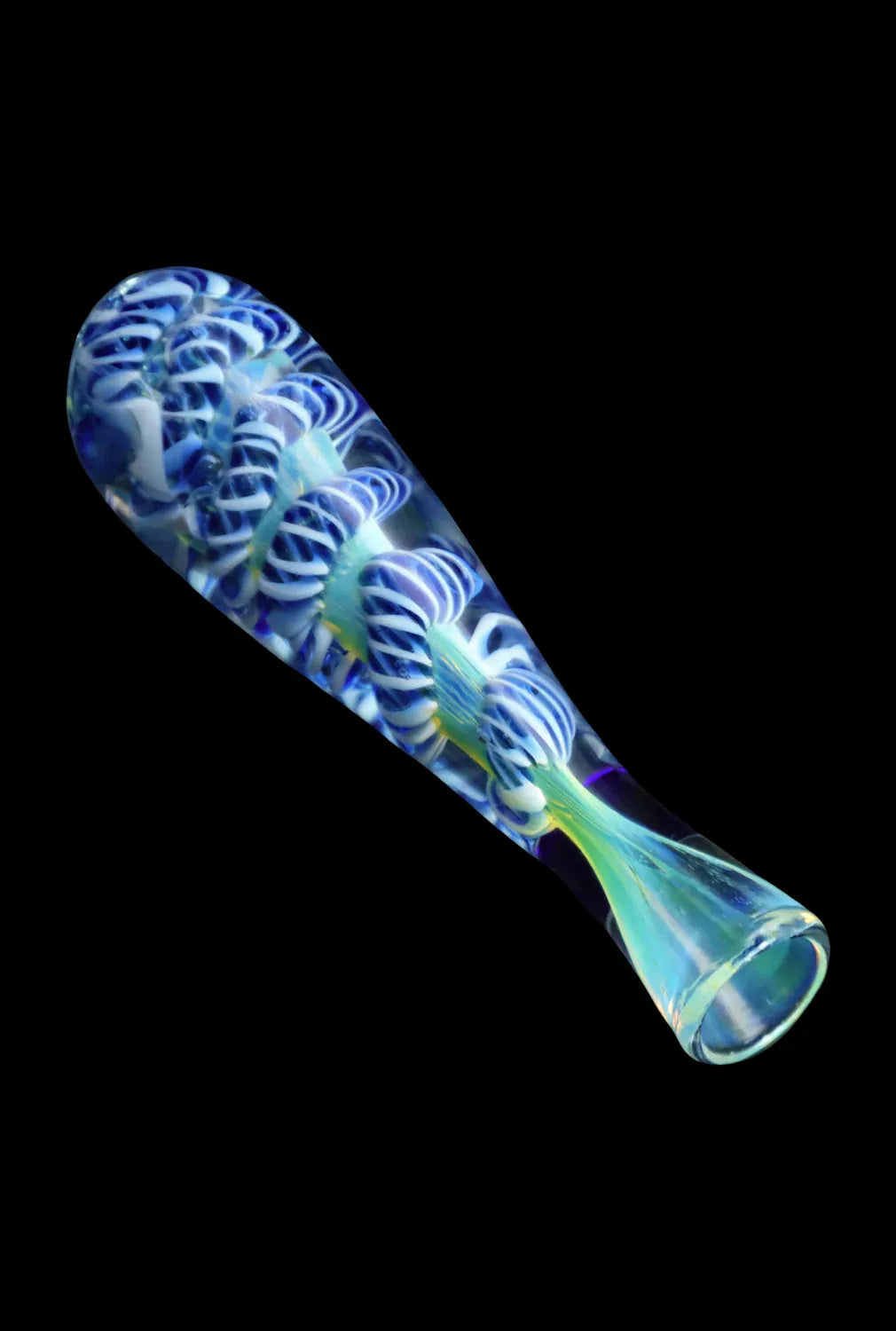 Angled close-up of the DHC Piped and Fumed One Hitter - 3 in., showing its blue-and-white twisted glass core and flared mouthpiece against a black background