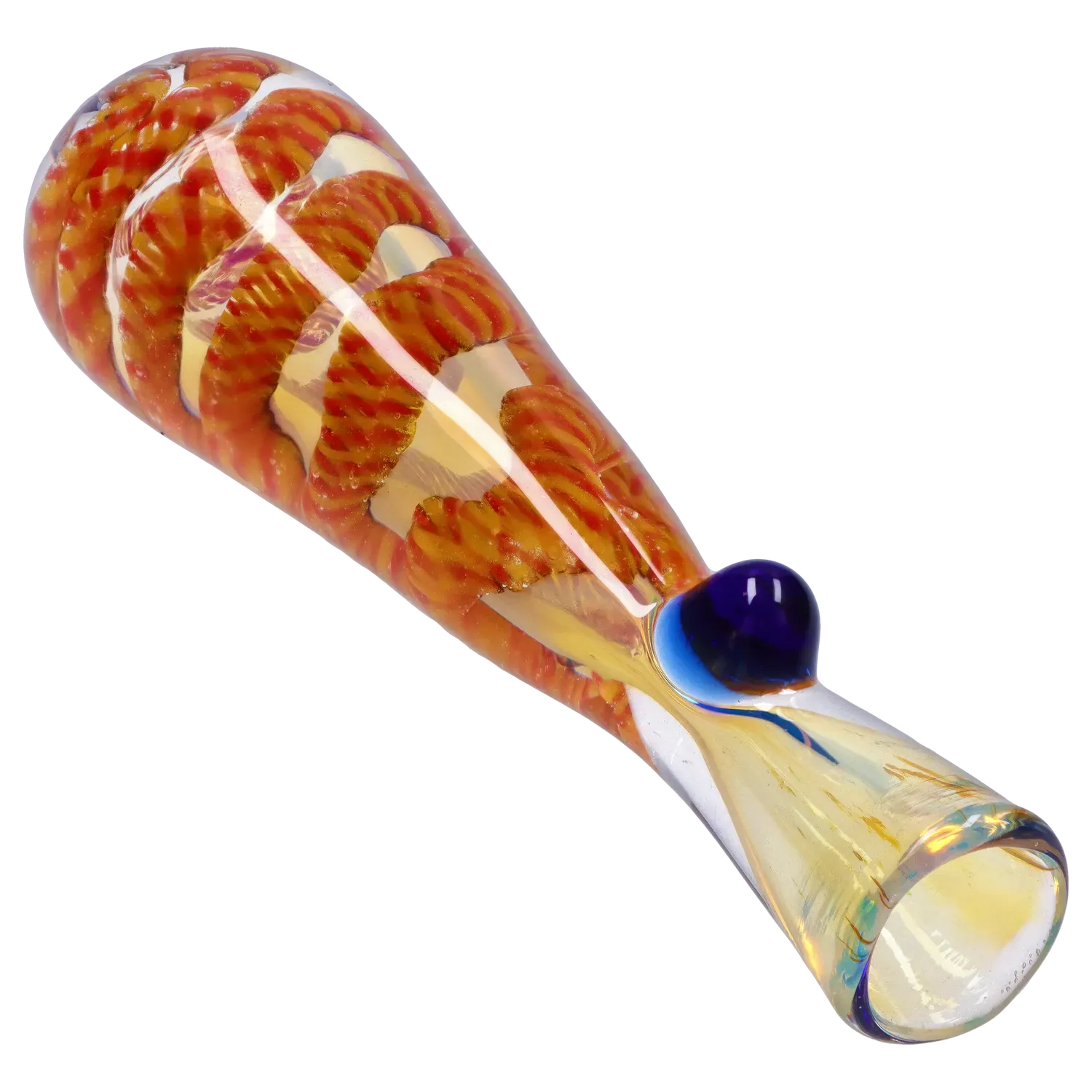 Angled close-up of the DHC Piped and Fumed One Hitter - 3 in. showing twisted orange internal ribbons under glossy clear glass and a blue glass carb knob