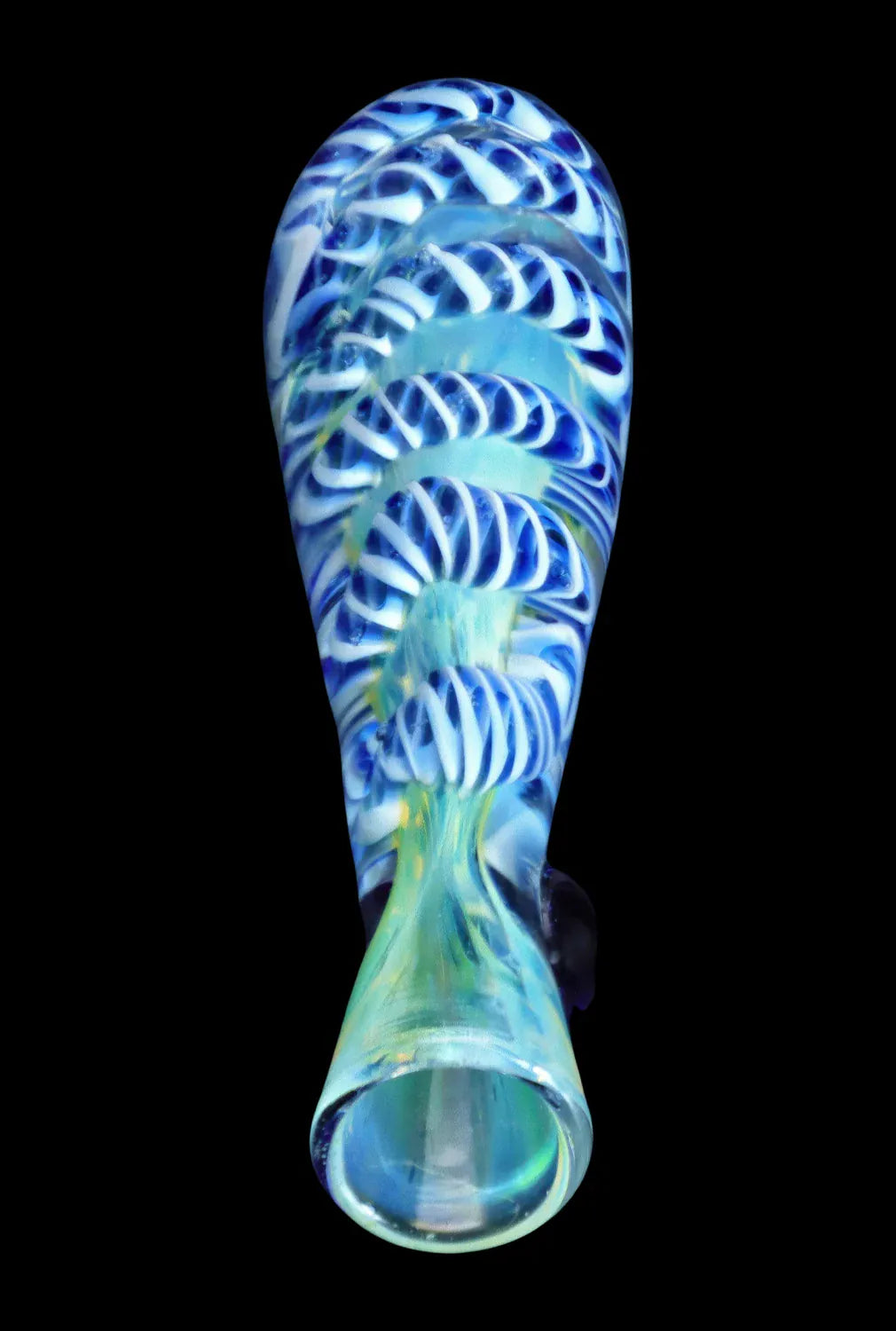 Top-down view of the glass DHC Piped and Fumed One Hitter - 3 in. showing blue and white spiral cane patterns against a black background.
