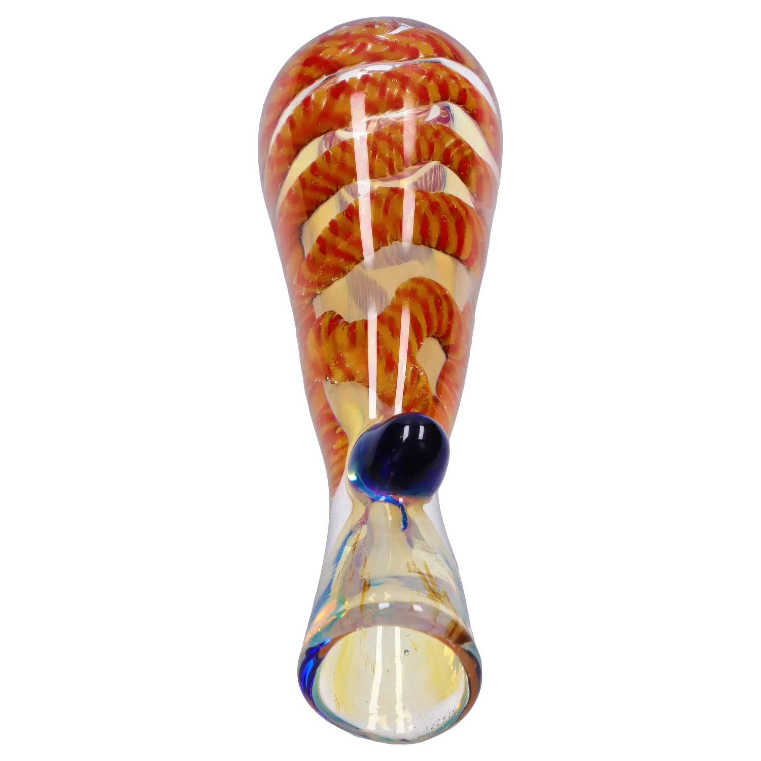 Top-down close-up of the glass DHC Piped and Fumed One Hitter - 3 in. showing orange spiral ribboning and a deep blue mouthpiece.