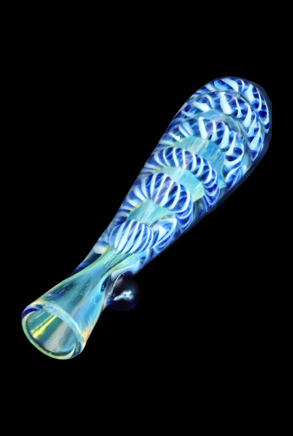 Angled close-up of the DHC Piped and Fumed One Hitter - 3 in. showing blue and white spiral fumed patterns on a teardrop glass piece against a black background