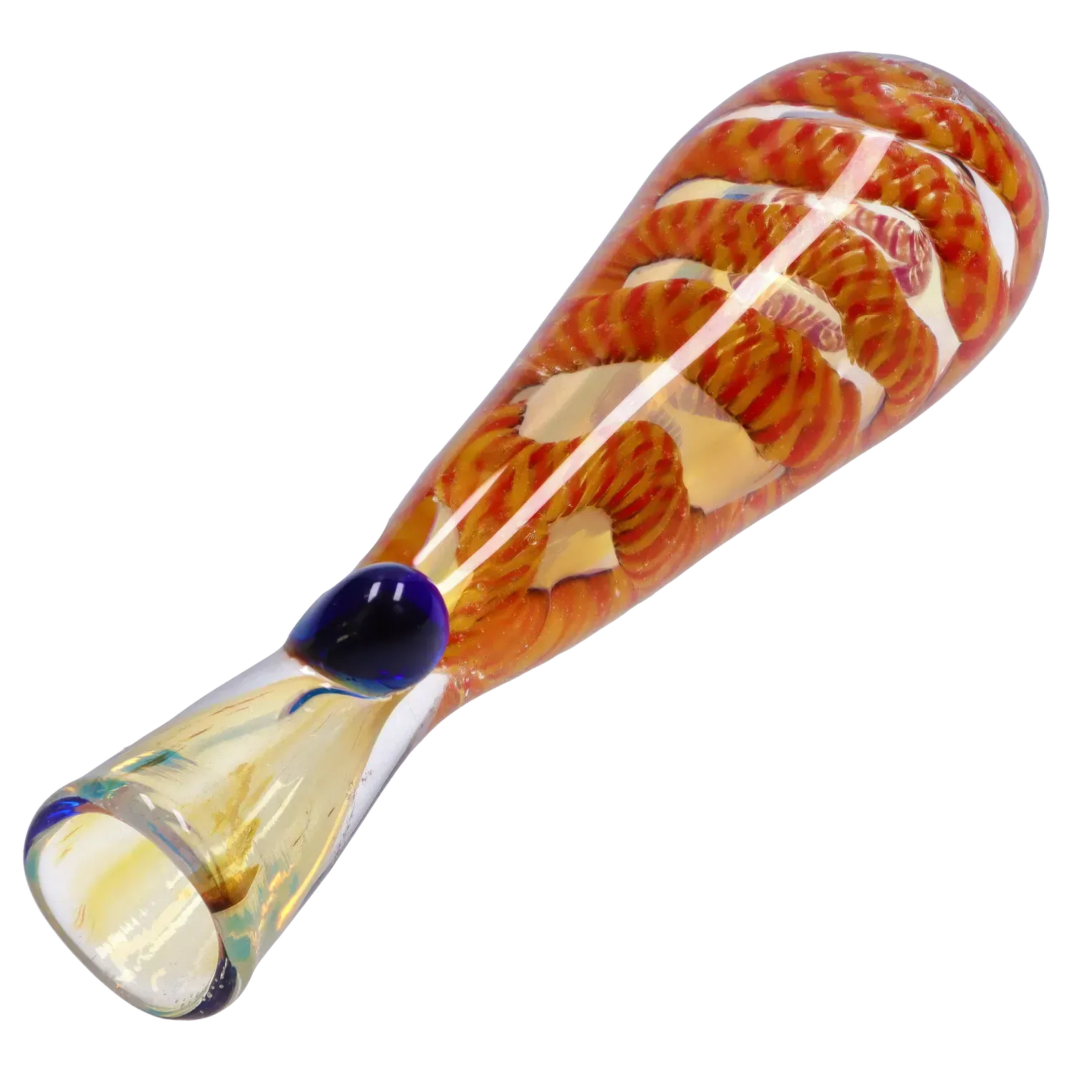 Angled close-up of the DHC Piped and Fumed One Hitter - 3 in. showing its twisted orange cane interior and glossy clear glass exterior.