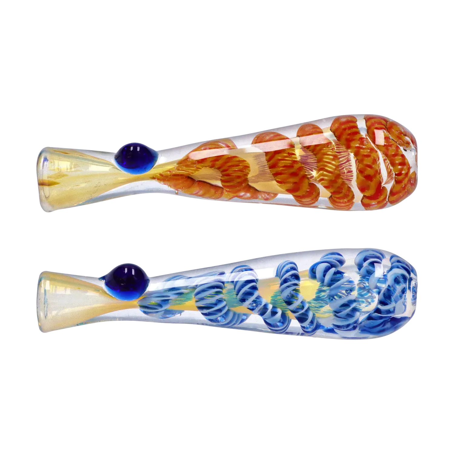 Top-down view of two glass DHC Piped and Fumed One Hitter - 3 in. pipes, one with orange spiral internals and a blue dot, the other with blue spirals, photographed on white.