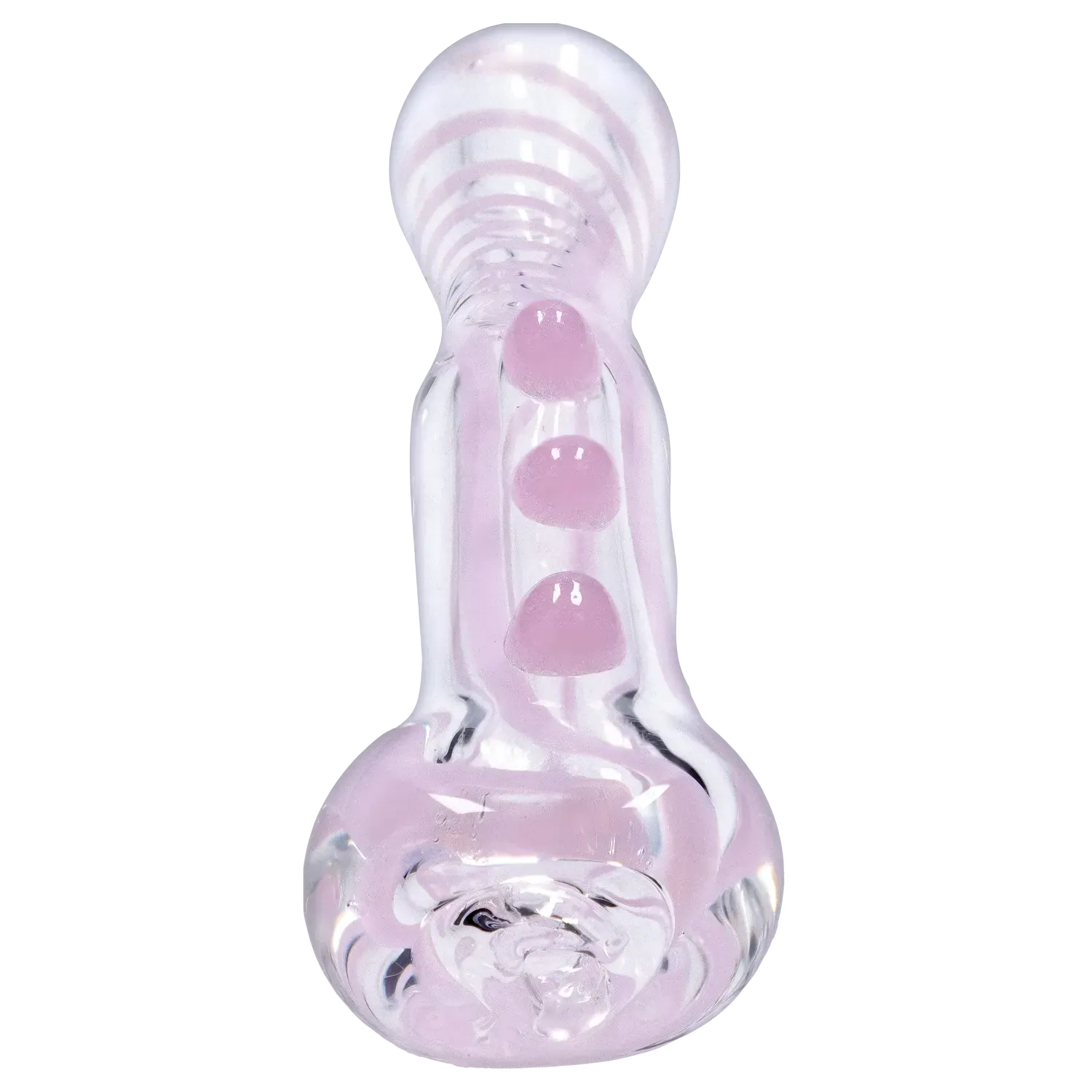 Close-up top-down view of the DHC Slime Line One Hitter - 3 in., showing its translucent pale pink glass with three raised dots along the stem.