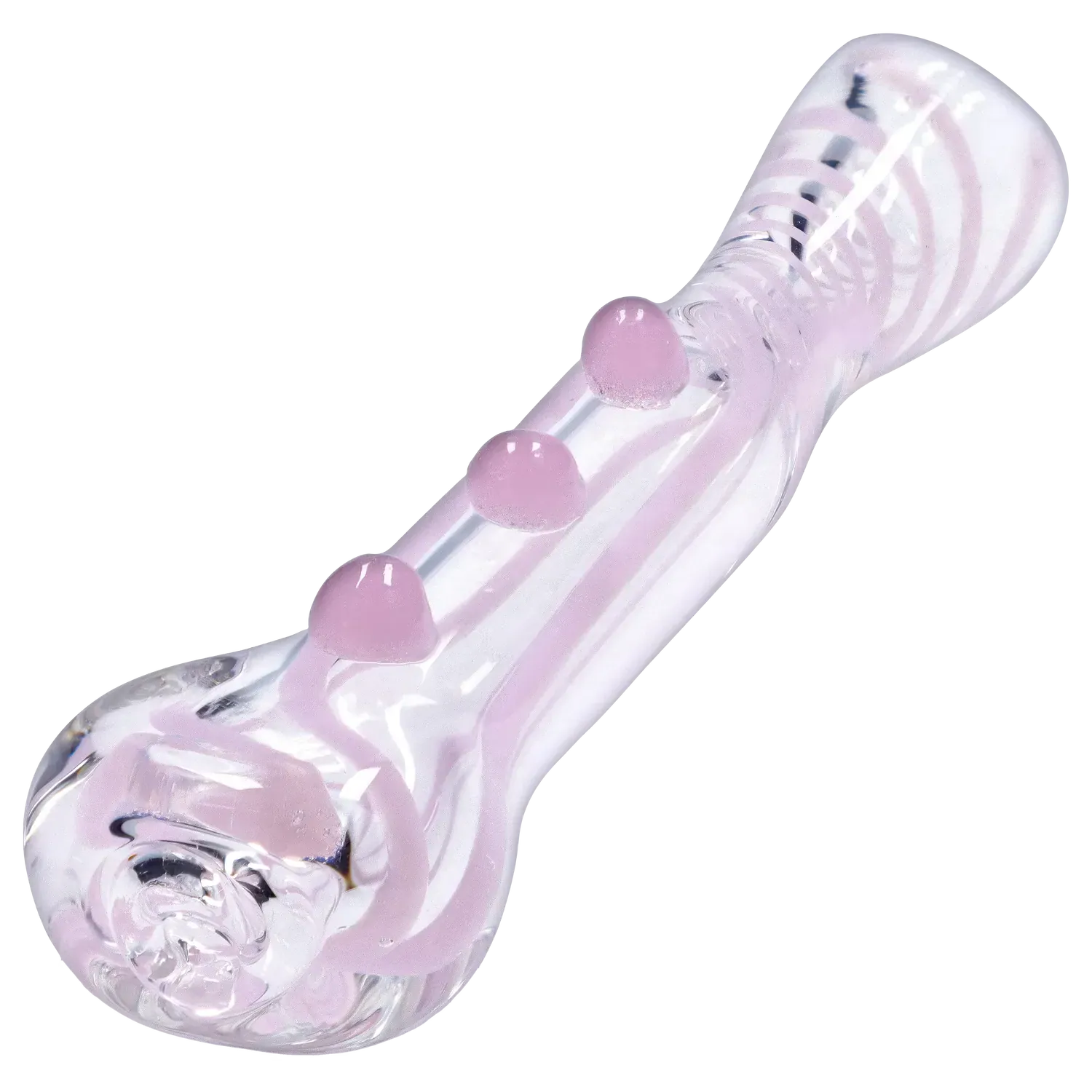 Angled close-up of the DHC Slime Line One Hitter - 3 in. showing its clear glass body with soft pink swirls and three raised pink glass nodules.