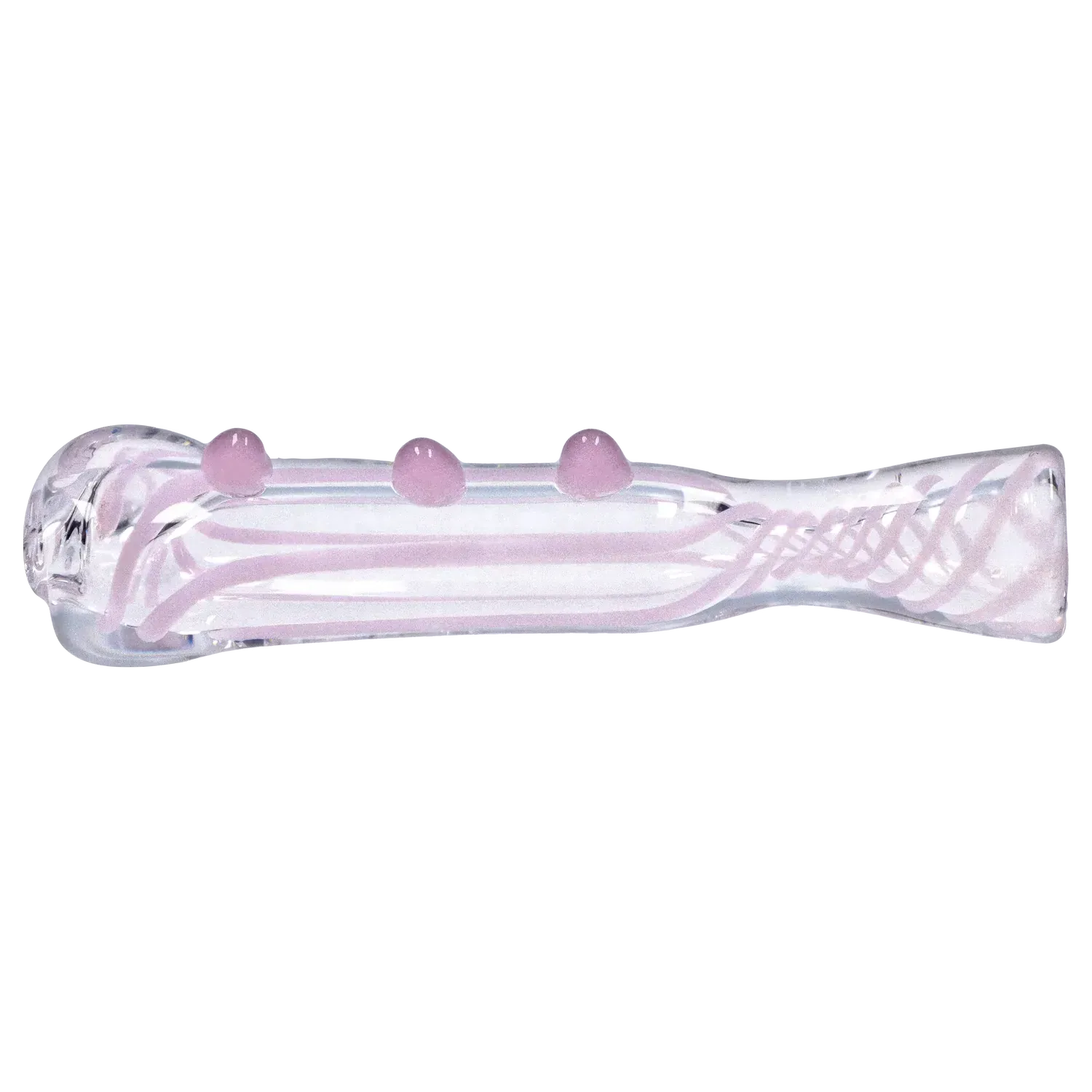 Side view of a clear glass DHC Slime Line One Hitter - 3 in. featuring pale pink internal ribbons and three raised pink glass dots along its top.