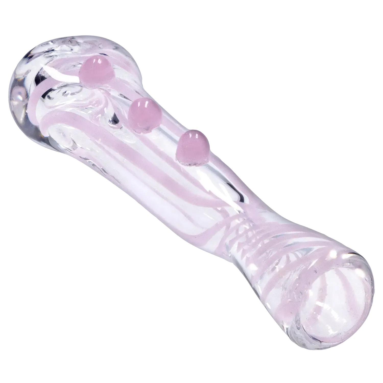 Angled close-up of the clear glass DHC Slime Line One Hitter - 3 in. with pale pink swirls and three raised pink knobs along its stem