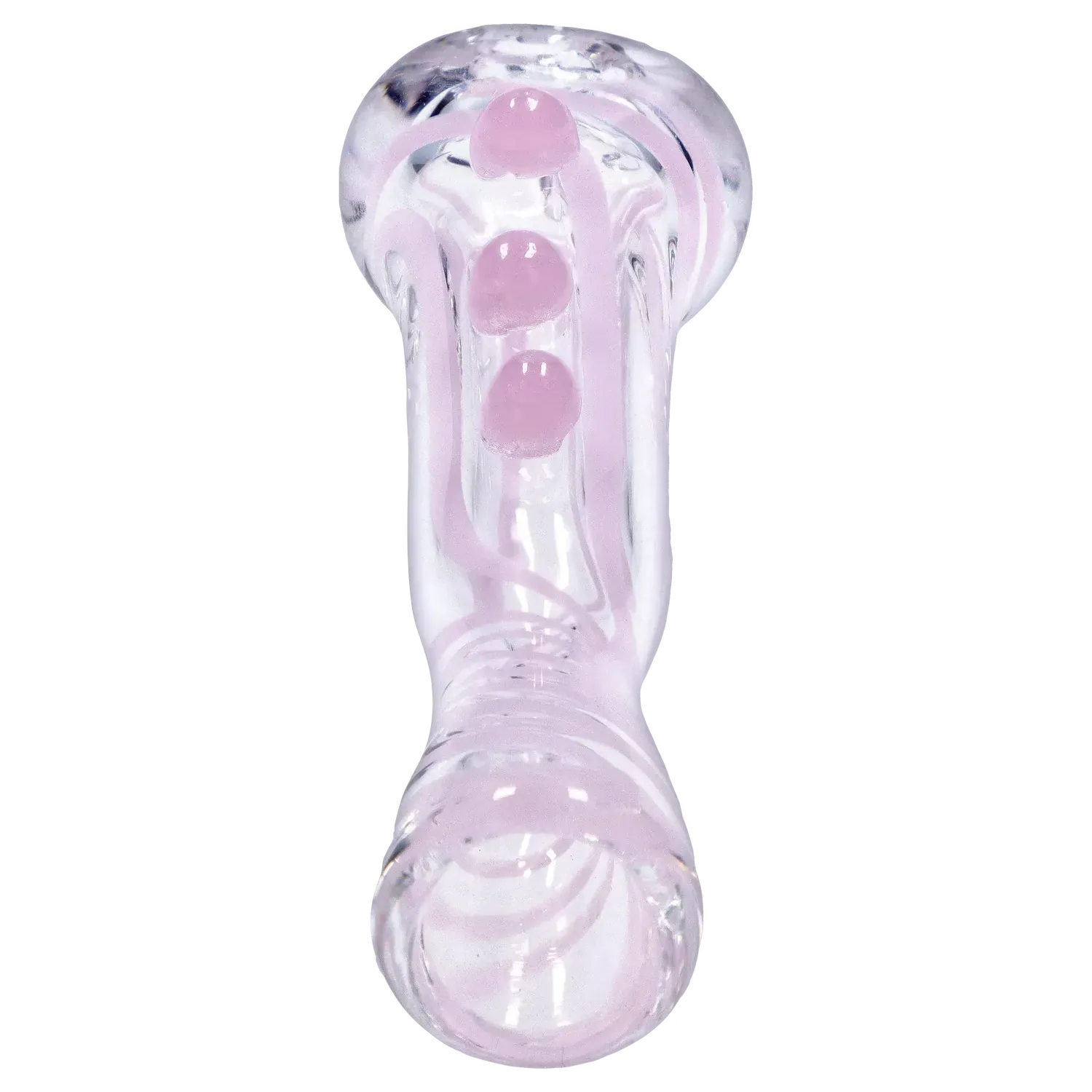 Top-down close-up of the clear glass DHC Slime Line One Hitter - 3 in. showing pink internal ribboning and three raised dots along its stem